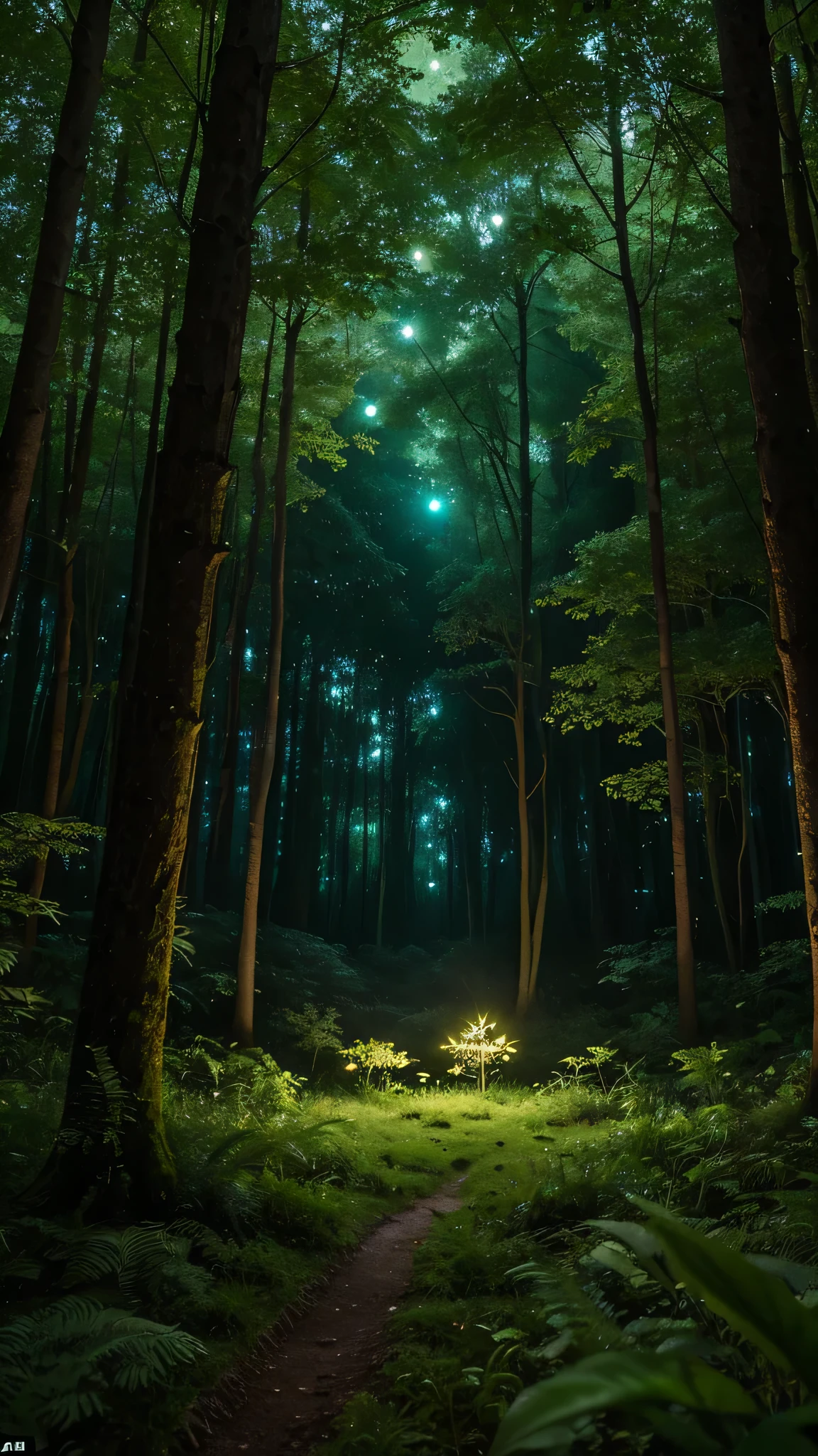 A forest glade where bioluminescent plants emit a soft, green glow in the twilight, illuminating delicate, floating orbs of light among the undergrowth