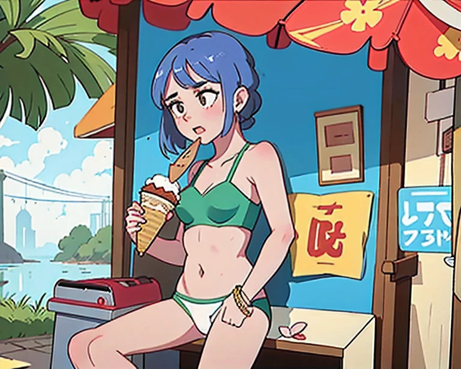 girl in a bikini eating an ice cream cone, eating ice cream, in a bikini, angela white, giorgia meloni, katy perry, in bikini, eating ice - cream, wearing spandex bikini, ice cream on the side, bikini, ice cream, wearing a bikini, candid photo of dirty, shiny plastic bikini, candid shot, cone, 1 girl, solo,in a green dress standing by a wall,portrait of female idol