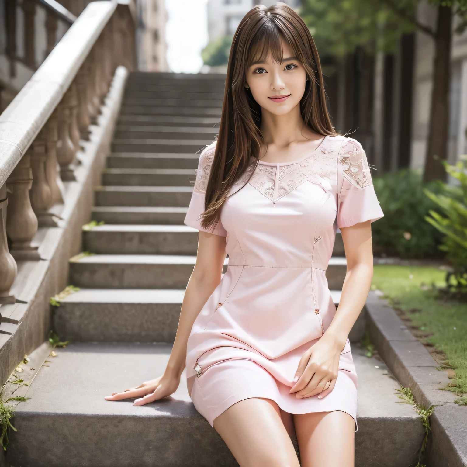 (Calm and gentle look:1.8), (Full Body Shot:1.3), (panorama:1.8), Cinema Lighting, ((Highest quality)), (RAW Photos, Highest quality), ( Realistic:1.4), realism, masterpiece, Very delicate and beautiful, Very detailed, 4K wallpaper, wonderful, finely, Very detailed CG unity 8k wallpaper, Very detailed, High resolution, Soft Light, Japanese, (one shot:1.9), (22 years old:1.6), (Round face:1.2), (Fat:0.8), (A neat and clean woman:1.5), Beautiful detailed woman,Famous Japanese actresses, Detailed face, finelyて美しい目, Very detailedな目と顔, Beautiful eyes and a beautifully detailed nose, Ultra HD glossy lips, (Straight Hair:1.4), Shiny Hair, Shiny Hair, Brown Hair, (bangs:1.4), Long, slender legs, Toned body, (Smiling:1.4), Natural Makeup, (LET IT PASS, pink, Short sleeve dress:1.8), (A very intricate and elaborately decorated dress:1.3), Accentuate your body lines, (pumps:1.2), (Building district, A model posing on the stairs in the city:1.5),