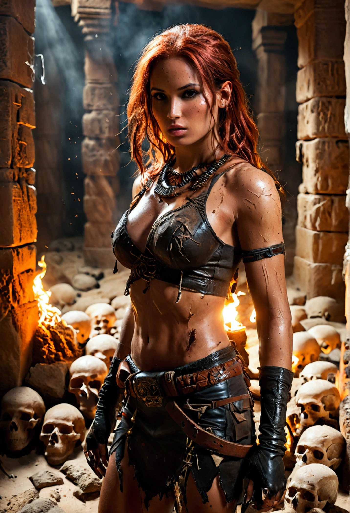 (full body shot:1) photorealistic image of a (jumping pose:1) woman, ultrarealistic, photography, long red hair, woman, 24 years old, hourglass figure, perfect body, Flirty look, natural medium breasts, blur background, Full body picture, Lara Croft costume with slightly shiny tanned skin dressed in a Lara Croft outfit, with a very ripped and torn blouse with a plunging neckline, pushed down over her right shoulder; stands in a dark room on the inside of a large Egyptian pyramid. Her skin and clothes are dirty with mud. A large dark menacing shadow moves in the background. there are a lot of skulls on the floor, she is holding a burning torch in her hand as light source