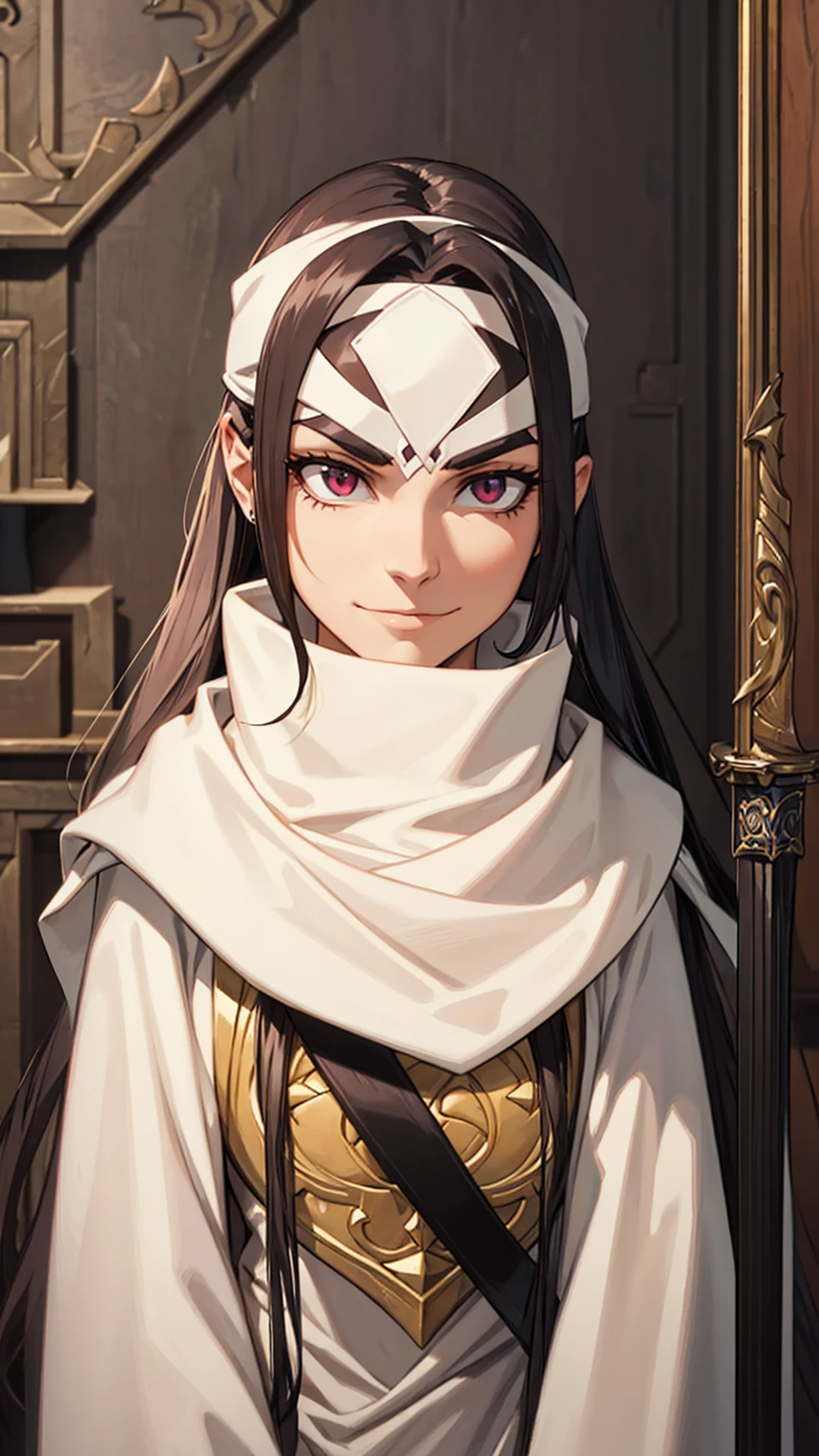 A woman with long hair, wearing a cowl and a headband on her forehead, standing in a small room, guarding and protecting the area, watching intently, with a sword on her back, detailed art work evil smile evil face evil look