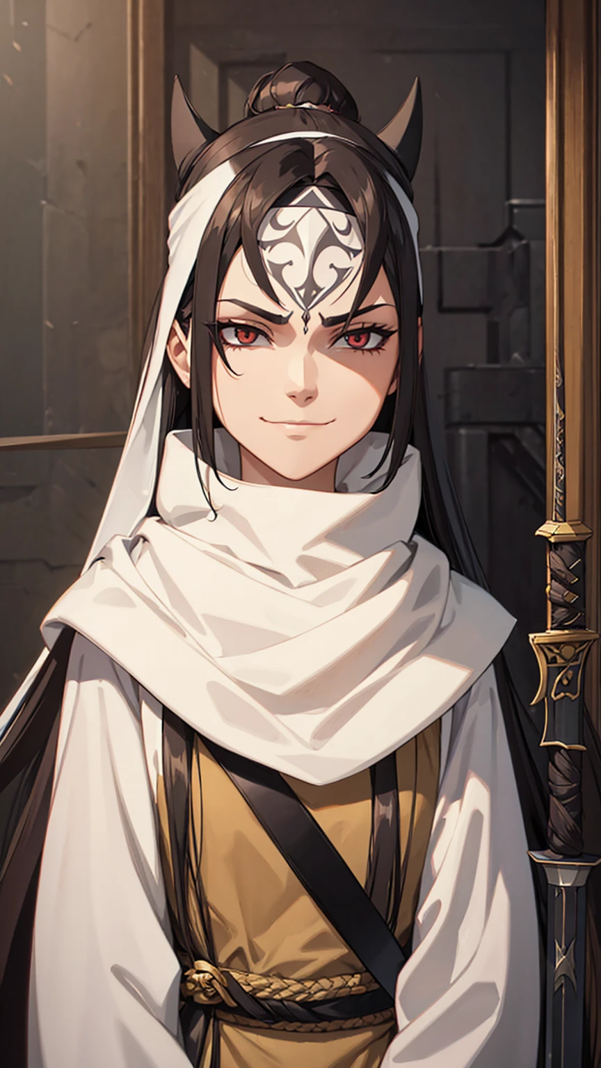 A woman with long hair, wearing a cowl and a headband on her forehead, standing in a small room, guarding and protecting the area, watching intently, with a sword on her back, detailed art work evil smile evil face evil look