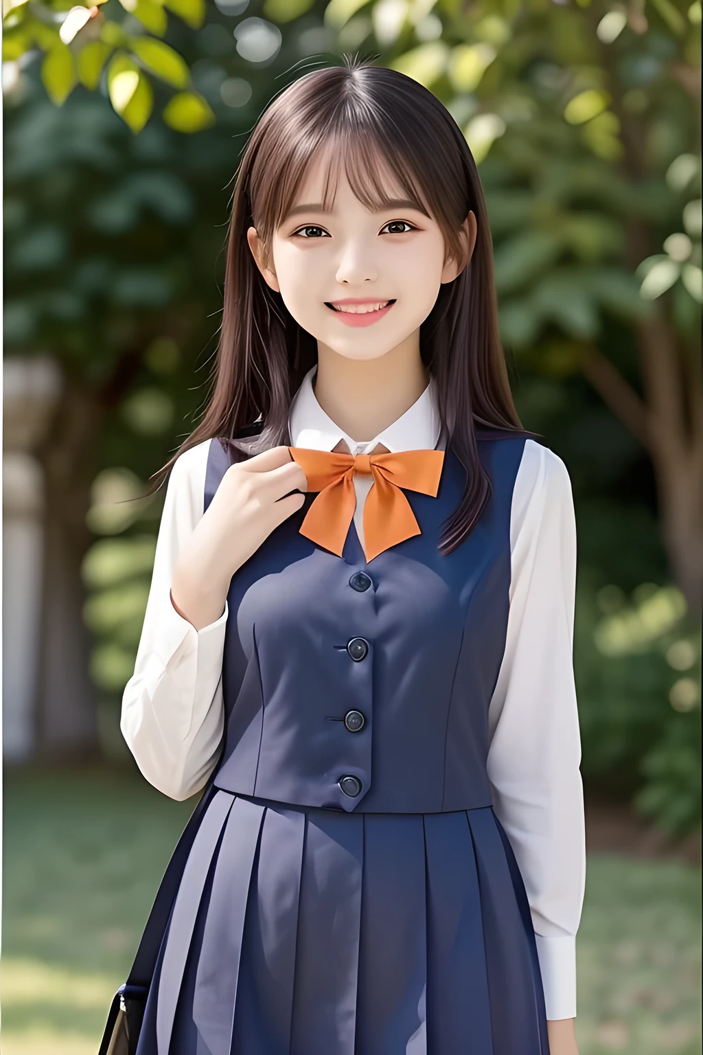 (highest quality, masterpiece, high resolution:1.2), 4K, (Photo quality detailed face: 1.2), (Giorgione painting style: 1.3), geometry, 14 yo beautiful girl, Laughing cutely, (neat girly white school blouse), (Dark red glossy school ribbon on the breast: 1.0), (Gray Japanese school girly vest Uniform: 1.2), (Beautiful light-amber-orange cute girly eyes with detailed cutely: 1.2), (Expressing the greatest joy with her whole body: 1.2), (Glossy lips: 1.0)