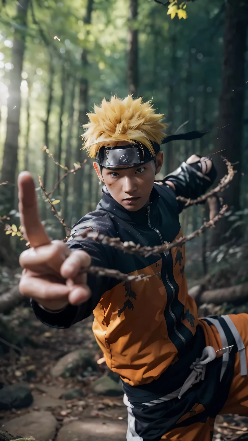 ((masterpiece,best quality)), Create an image of Naruto Uzumaki in a dynamic action pose, set in a lush forest. Naruto should be wearing his iconic orange and blue outfit, with a determined expression on his face. Capture the essence of his ninja abilities, with leaves and branches swirling around him as if moved by his movements. The background should depict a dense forest with sunlight filtering through the trees, detailed face, detailed eye, detailed finggers, detailed hand, relistic, cinematic, 4k