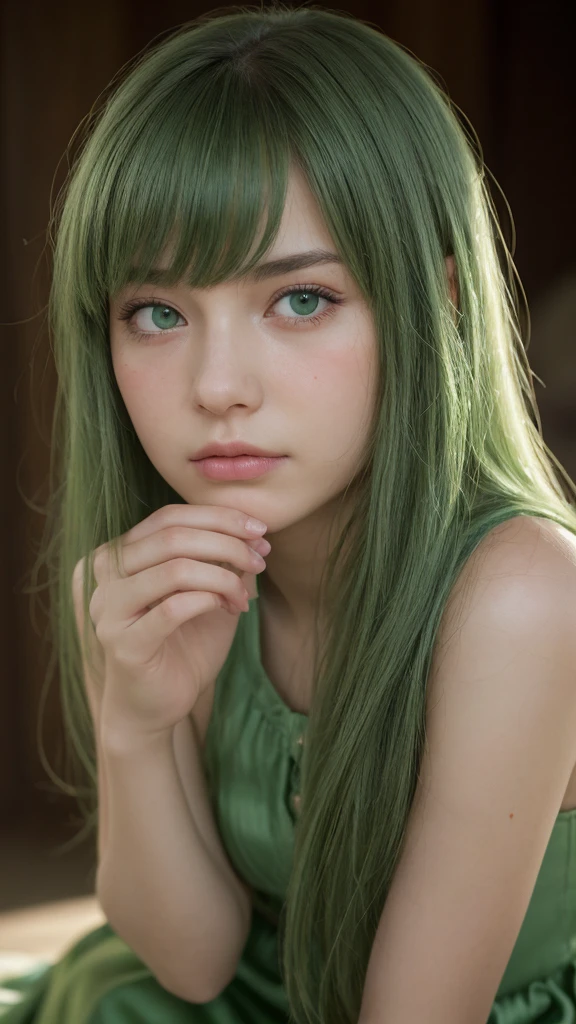 a girl. Europe. Extremely detailed face. Oval face. delicate facial features. half-closed eyes. long straight hair. messy hair. bangs. green hair. green eyes. silk skirt .afraid. Sad. shy. straight face