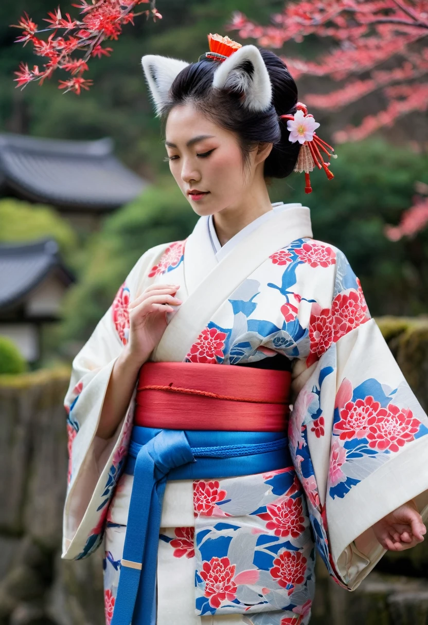 dressed in traditional Japanese attire, specifically a kimono with a floral pattern. The kimono is white with blue flowers, and the individual has a large pink obi (belt) tied at the back. The person is standing in a prayerful pose with hands clasped together in front of them.
On the individual's head, there is a fox mask (kitsune mask) tied with red strings, resting above their hair. The background appears to be a traditional Japanese setting, possibly a shrine