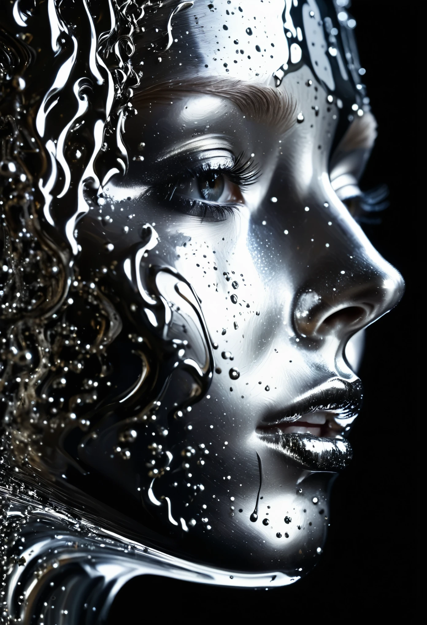 Mesmerizing close-up portrait of female face, A unique dichotomy. The left side is smooth, liquid metal machinery, Drips and flows dynamically like a living entity. Fluid metal glitters，reflection, Creating the illusion of depth and movement. right side of, A sharp contrast, Still natural, soft human face, Not influenced by futurism. The transition between the two halves is seamless, But obviously, Capture your audience&#39;s attention. Woman&#39;The expressive eyes, Convey a sense of mystery and otherworldliness. Your hair flowed, Frame the face，Highlighting the unique fusion between man and machine. The background gradually darkens, mysterious hues, Deixe o foco estar inteiramente na Woman&#39;face and its dramatic changes.

