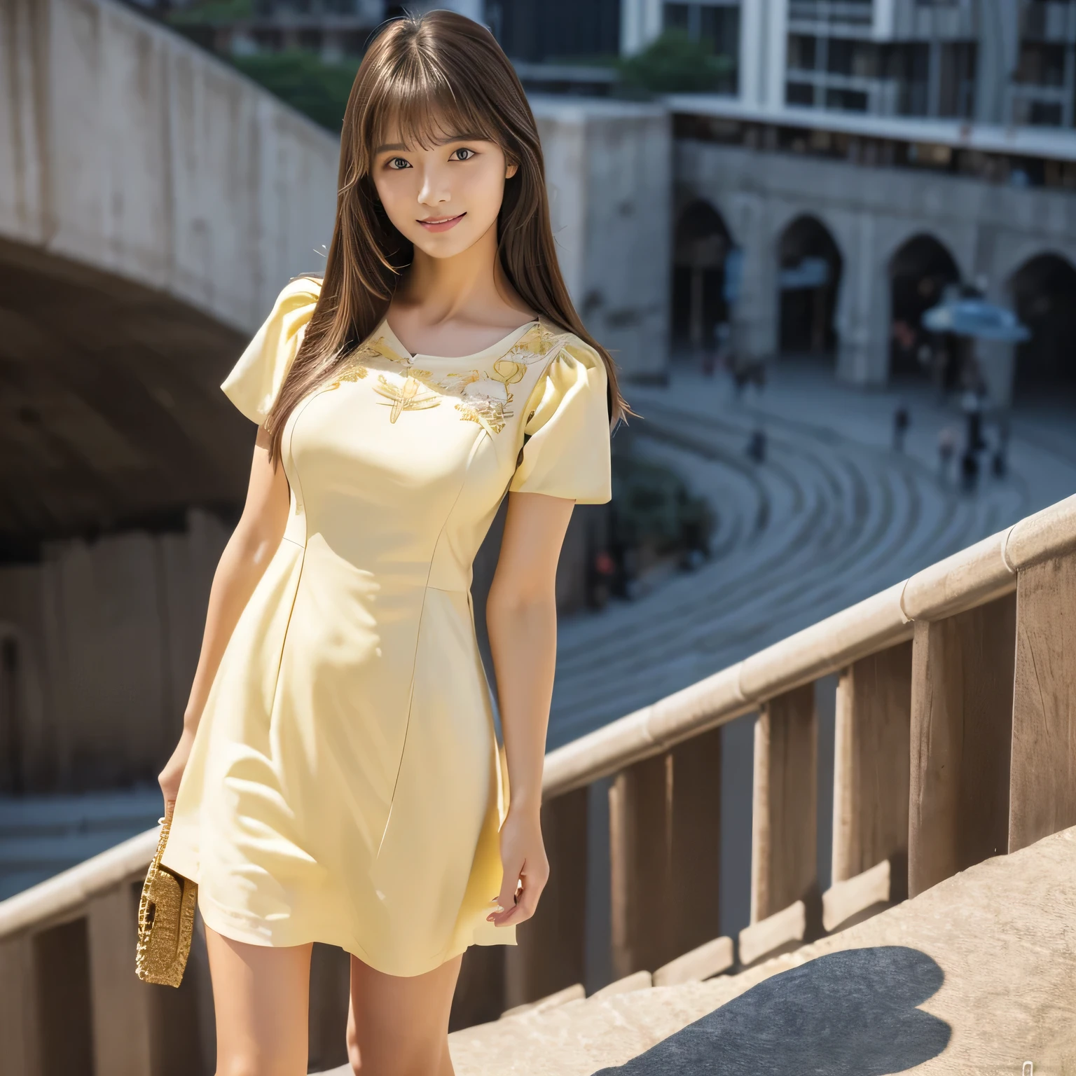 (Calm and gentle look:1.8), (Full Body Shot:1.3), (panorama:1.8), Cinema Lighting, ((Highest quality)), (RAW Photos, Highest quality), ( Realistic:1.4), realism, masterpiece, Very delicate and beautiful, Very detailed, 4K wallpaper, wonderful, finely, Very detailed CG unity 8k wallpaper, Very detailed, High resolution, Soft Light, Japanese, (one shot:1.9), (22 years old:1.6), (Round face:1.2), (Fat:0.8), (A neat and clean woman:1.5), Beautiful detailed woman,Famous Japanese actresses, Detailed face, finelyて美しい目, Very detailedな目と顔, Beautiful eyes and a beautifully detailed nose, Ultra HD glossy lips, (Straight Hair:1.4), Shiny Hair, Shiny Hair, Brown Hair, (bangs:1.4), Long, slender legs, Toned body, (Smiling:1.4), Natural Makeup, (LET IT PASS, Light Yellow, Short sleeve dress:1.8), (A very intricate and elaborately decorated dress:1.3), Accentuate your body lines, (pumps:1.2), (Skyscraper district, Posing as a model while climbing stairs in the city:1.5), 