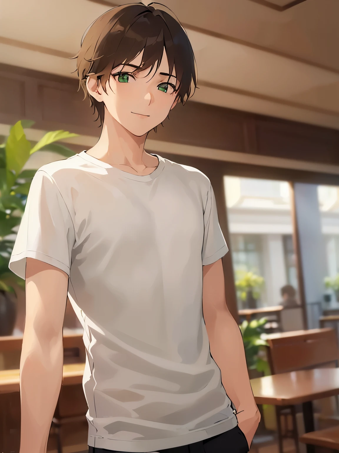 (outstretched arm:1.3)、shiny skin, masterpiece、Highest quality、(25-year-old male:1.5) and (Brown short hair) and (Green Eyes), BREAK (White T-shirt) BREAK、Are standing、smile、The background is the interior of a cafe、(Alone:1.5)、Upper body is shown、