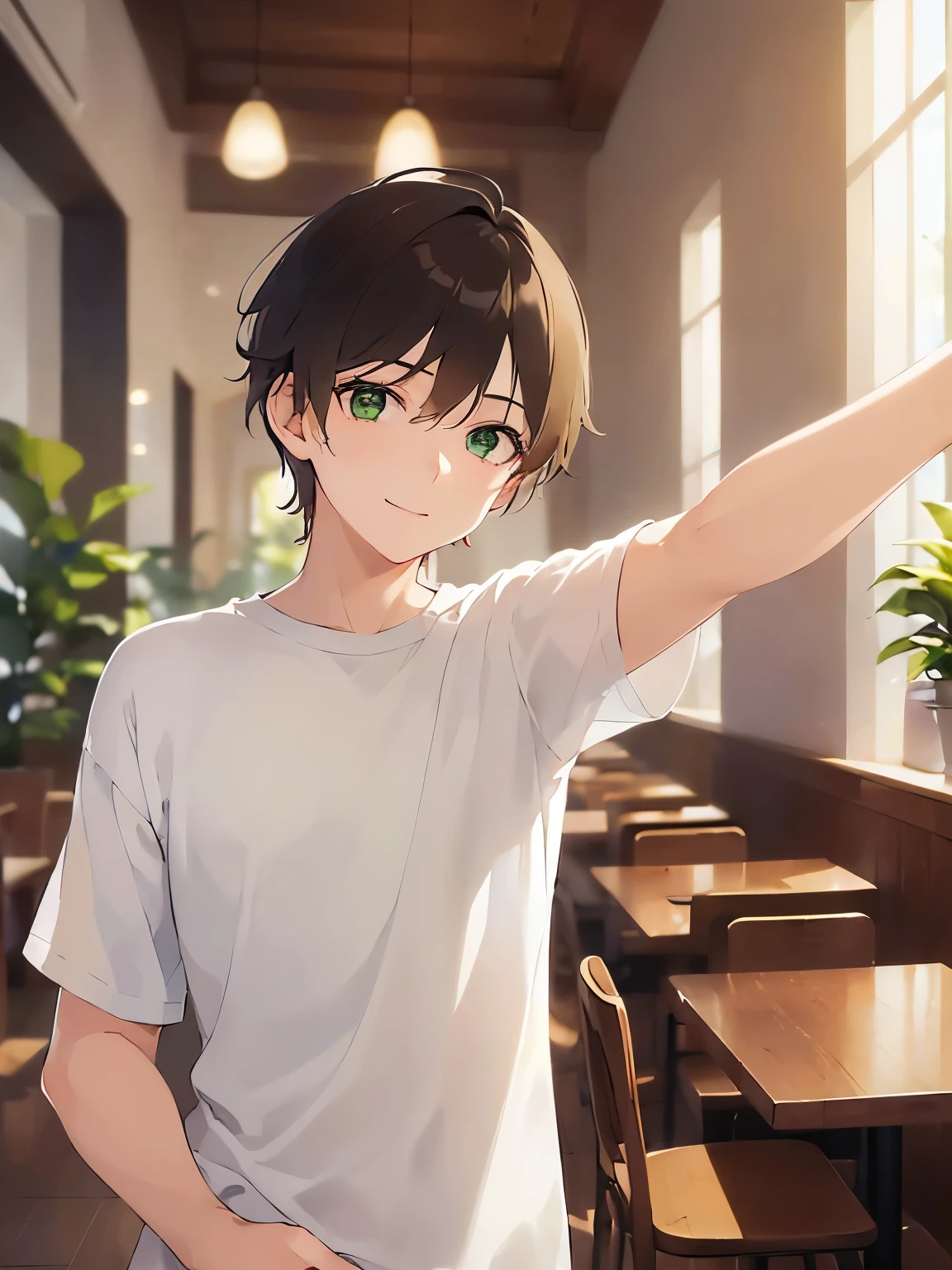 (outstretched arm:1.3)､shiny skin, masterpiece、Highest quality、(25-year-old male:1.5) and (Brown short hair) and (Green Eyes), BREAK (White T-shirt) BREAK、Are standing、smile、The background is the interior of a cafe、(Alone:1.5)、Upper body is shown、