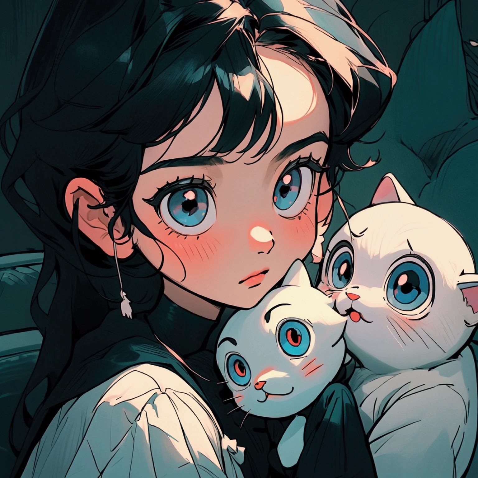 90s anime style,Cute 3 years old, round face,big eyes,Short black hair,Cute expression,There is a cute white and black kitten next to it,The girl wore a white dress,long hair,Bangs,There are big bows on the clothes,There is a little black cat next to him,一起拿着cell phone玩游戏,cell phone,sofa,Living room scene,sweet,Lovely modeling、Clarity、16K,Close-up details,Close-up of face,