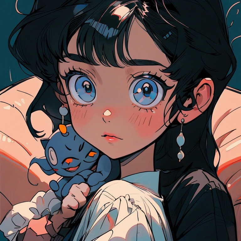 90s anime style,Cute little boy 3 years old,The boy's round face,big eyes,Short black hair,Cute expression，There is a cute white and black kitten next to it,The girl wore a white dress，long hair，Bangs，There are big bows on the clothes,There is a little black cat next to him,一起拿着cell phone玩游戏,cell phone,sofa,Living room scene，sweet,Lovely modeling、Clarity、16K,Close-up details,Close-up of face,