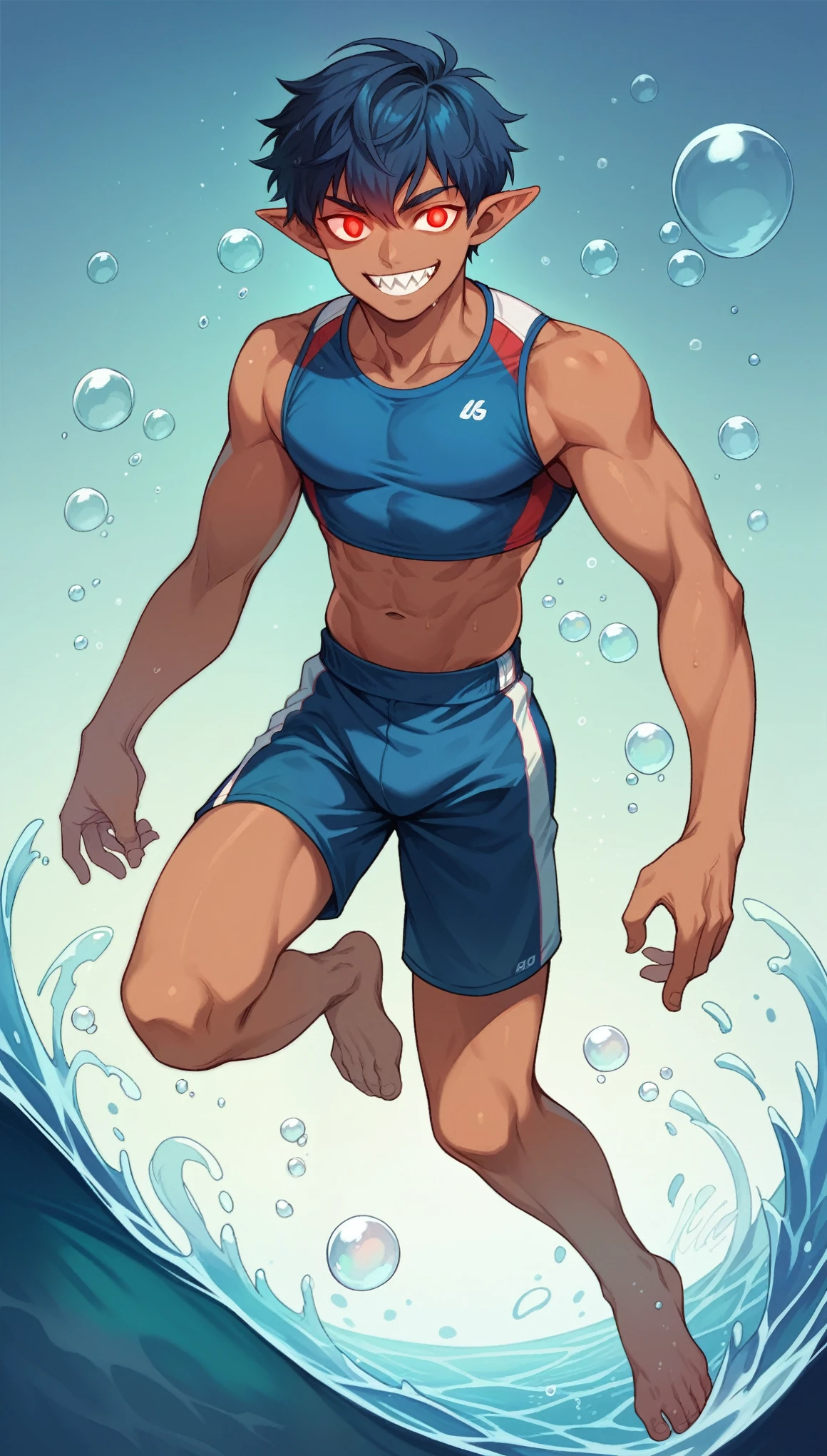 Handsome man,Slim body,Dynamic posture,Pointed ears, Solitary, Sportswear,barefoot,Glowing eyes, short hair, Red Eyes, Smile, Tanned skin,sharp teeth, Blue black hair,Deep sea background,bubble,Water Flow