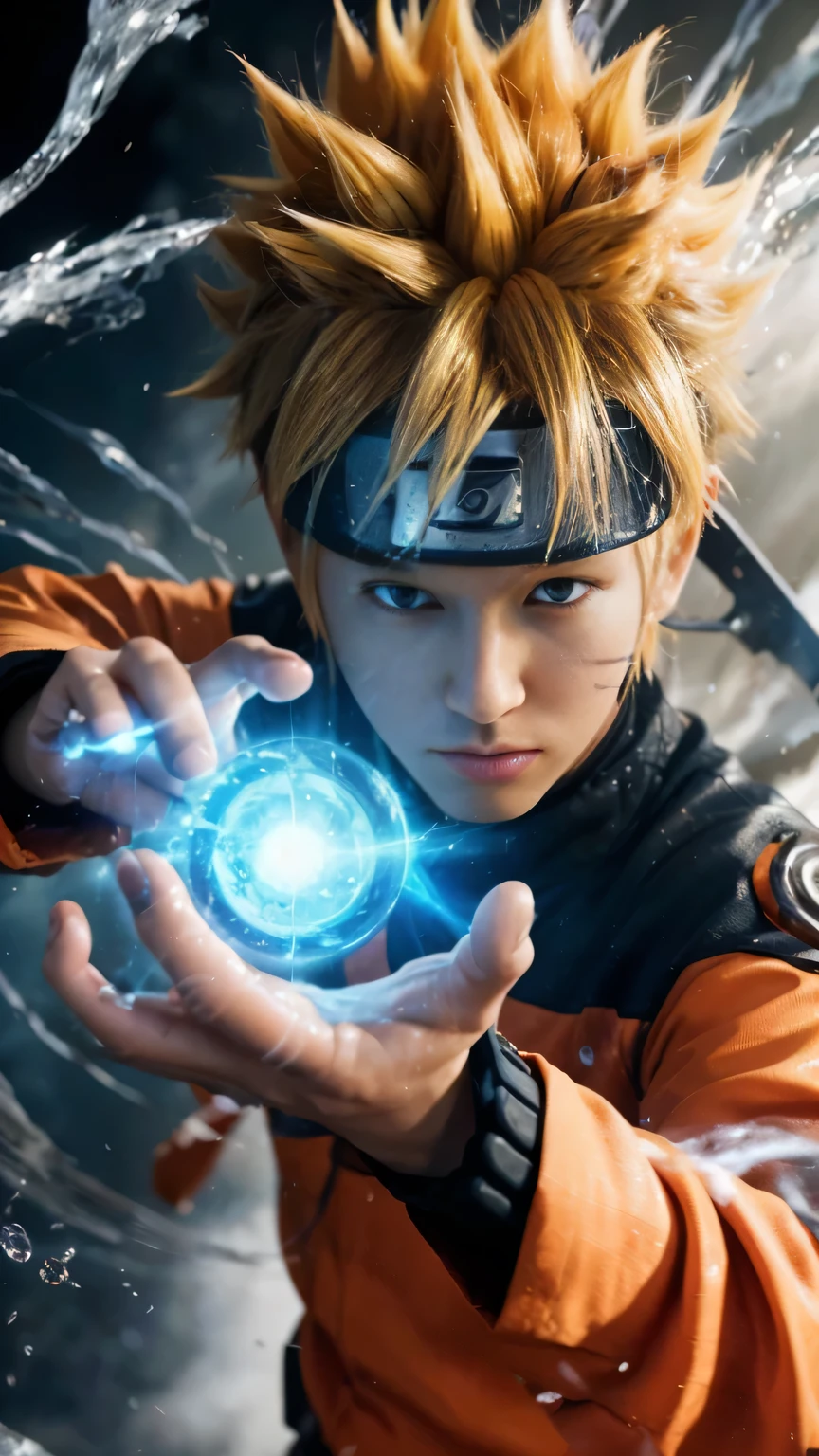 ((masterpiece,best quality)), Design an image of Naruto Uzumaki using his Rasengan technique. Naruto should be in his orange and blue outfit, with an intense look of concentration. The Rasengan, a blue swirling orb of energy, should be prominently displayed in his hand, with energy waves emanating from it. The background should be dynamic, with elements like water splashes or wind effects to emphasize the power of the technique, detailed face, detailed eye, detailed finggers, detailed hand, relistic, cinematic, 4k