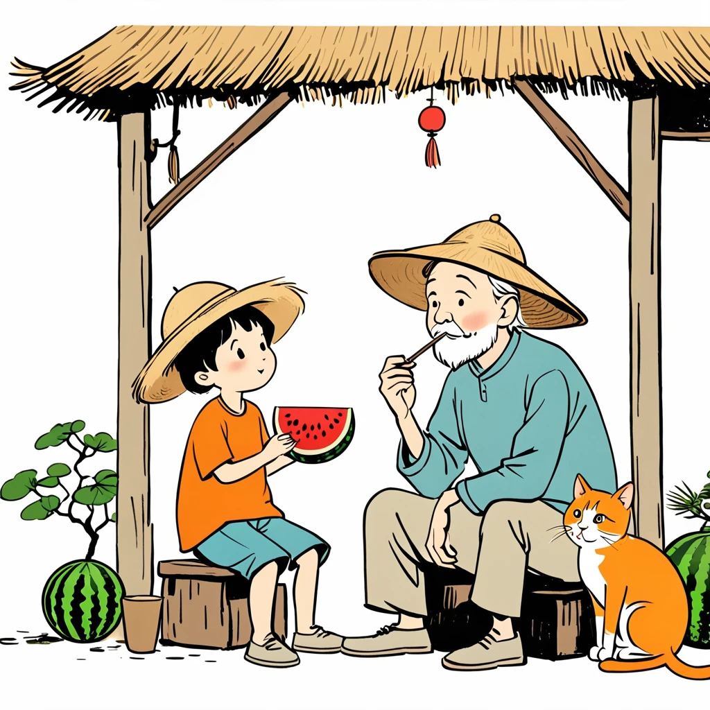 An old man wearing a straw hat sits under a thatched hut eating watermelon,and next to an orange cat sits beside him. Features of the comic style,rough drawing,colorful cartoon illustrations. Simple lines,flat coloring,and Chinese-style cartoon characters (mainly white background:2),(large blank area),,Simple background,(Large area of blank）