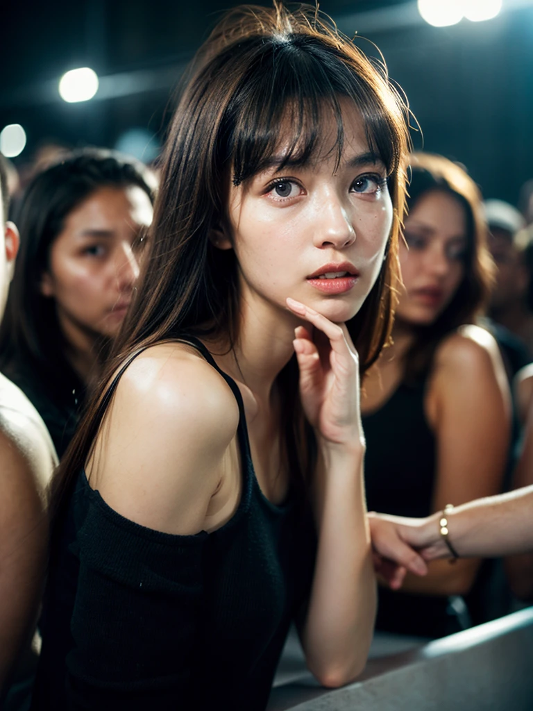 (Full shot:1.4), (best quality:1.4), 1girl, JAV, cute face, pink lace tanktop with long skirt, surrounded by very close crowded, emotional posing in the crowd lift, wavy hair, bangs, (hair blowing in the wind:1.2), (dramatic moment:1.3), (dynamic object:1.3), (kinetic motion:1.5), film looks, RAW photo, beauty shadow, neon light, (ambient lighting:1.3), detailed skin, detailed face and eyes, ultra highly detailed, surreal view, sharp focus, shot by zenit analog film, cinematic portrait by annie leibovitz, aesthetic photography in 2024, (candid:1.5)