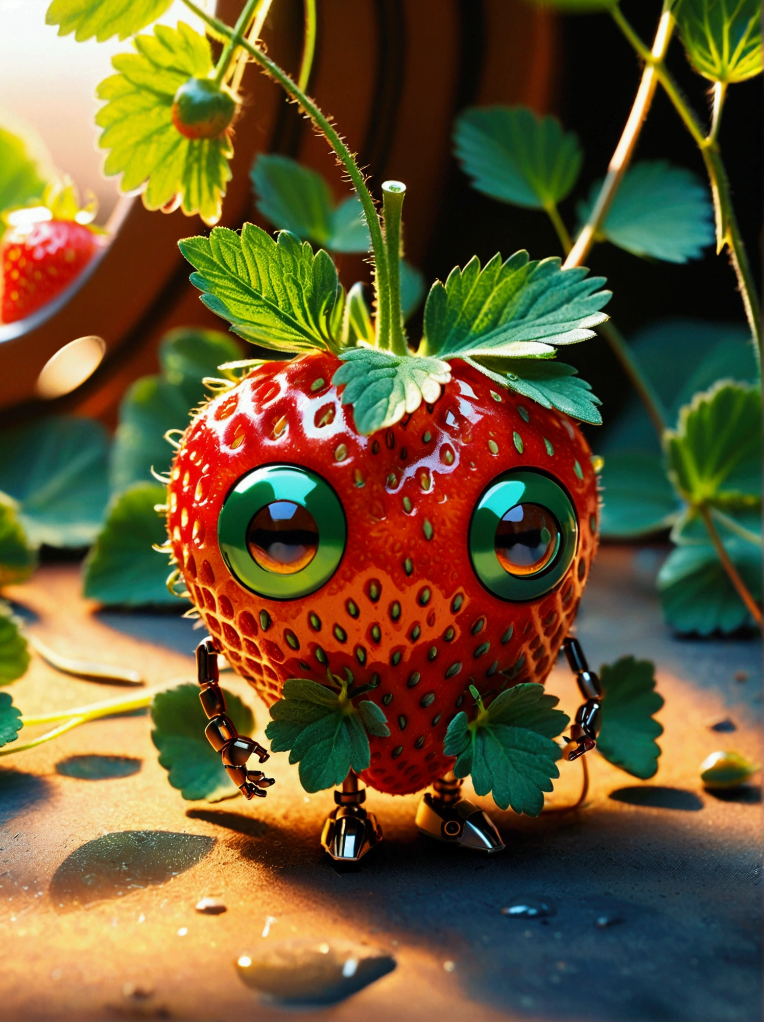 Visualize a tiny robot exhibiting the characteristics of a strawberry. It features shades of rich, intense red and is equipped with minuscule seed-like sensors. The robot's body is shaped to mimic a plump, succulent strawberry, having a round and gently heart-shaped structure. The limbs of the robot are rounded at the ends and flexible, intending to look like the green foliage and stem that accompany a strawberry. It possesses 'eyes' that glow with a gentle, warm light that mirrors the colours of a setting sun radiating off a fresh strawberry. Its function is aligned with the purpose of triggering happiness, akin to the delightful flavor of the fruit it represents. This image should not contain any forms of text.