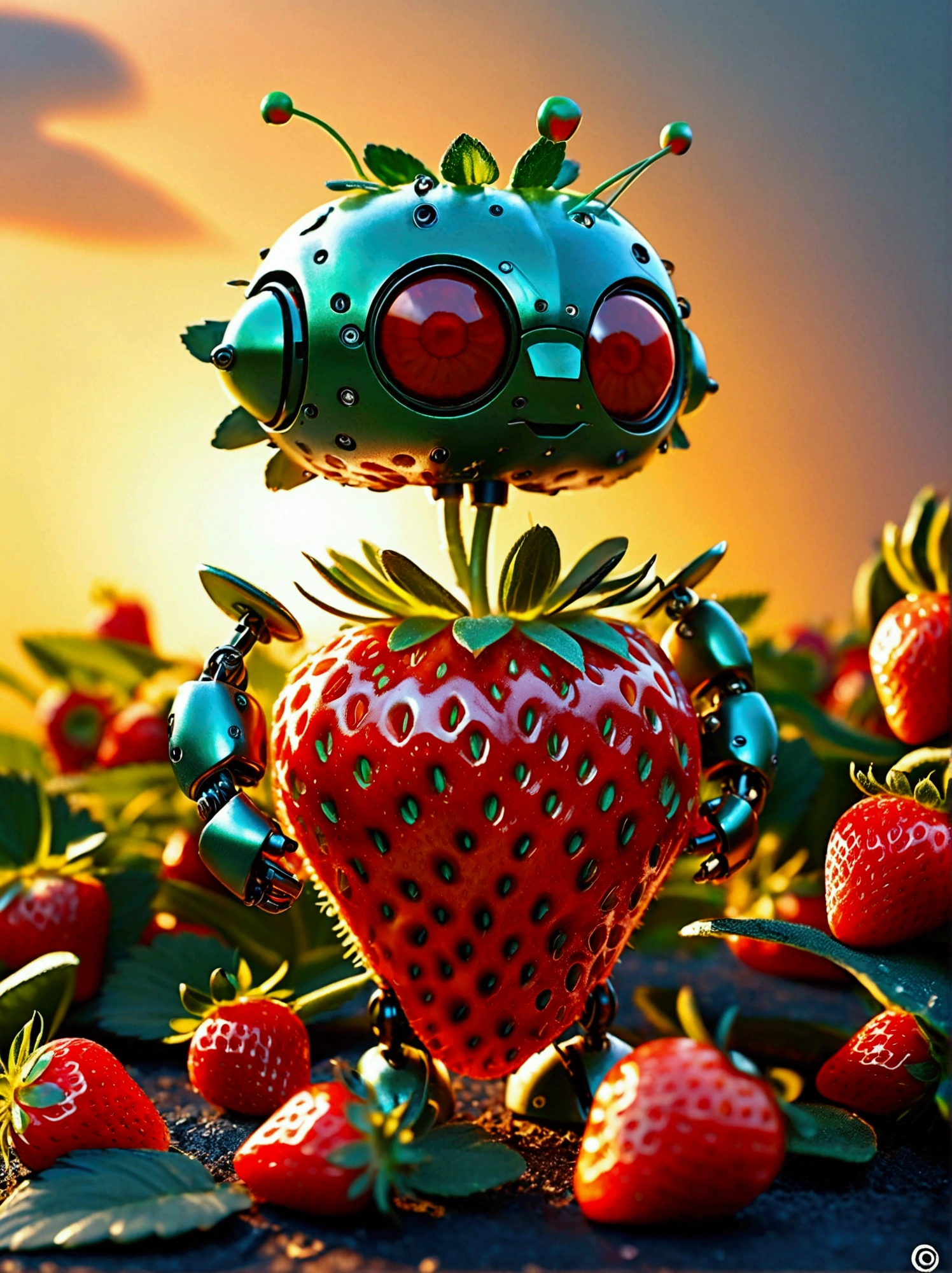 Visualize a tiny robot exhibiting the characteristics of a strawberry. It features shades of rich, intense red and is equipped with minuscule seed-like sensors. The robot's body is shaped to mimic a plump, succulent strawberry, having a round and gently heart-shaped structure. The limbs of the robot are rounded at the ends and flexible, intending to look like the green foliage and stem that accompany a strawberry. It possesses 'eyes' that glow with a gentle, warm light that mirrors the colours of a setting sun radiating off a fresh strawberry. Its function is aligned with the purpose of triggering happiness, akin to the delightful flavor of the fruit it represents. This image should not contain any forms of text.