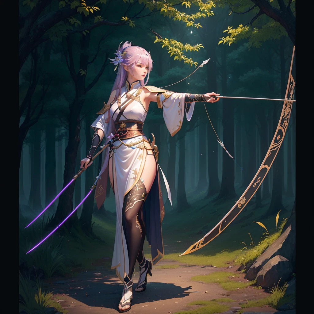 A woman holding a longbow、女子Shooting an arrow，Shooting an arrow，Bow and Arrow, Katana Zero Video Game Character, heise jinyao, Full body martial arts, Full body fairy, xianxia hero, Inspired by trees, Onmyoji detailed art, Inspired by cold plum, G Liulian art style,