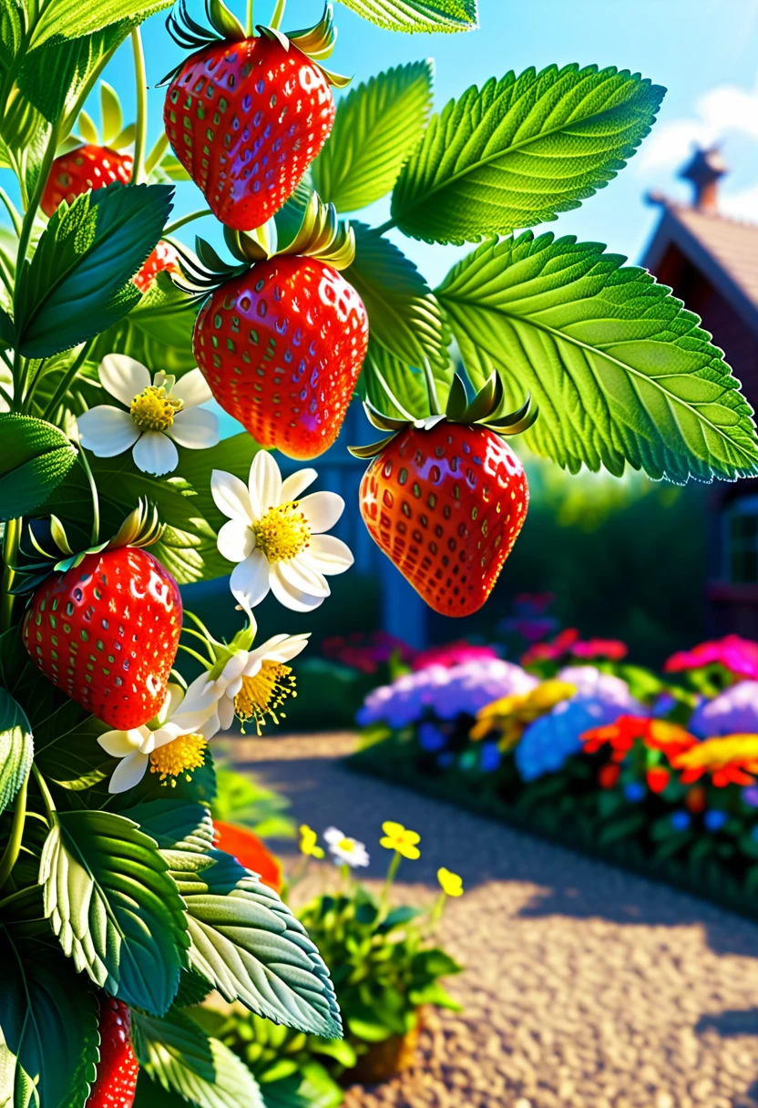 A ripe strawberry in a beautiful garden during the day. The strawberry is bright red with its green leaves glistening in the sunlight. The garden where it is situated is filled with various types of flowers, their vibrant colors adding to the beauty of the scene. Bees and butterflies flutter in the background, contributing to the serene ambiance of this summer garden.
