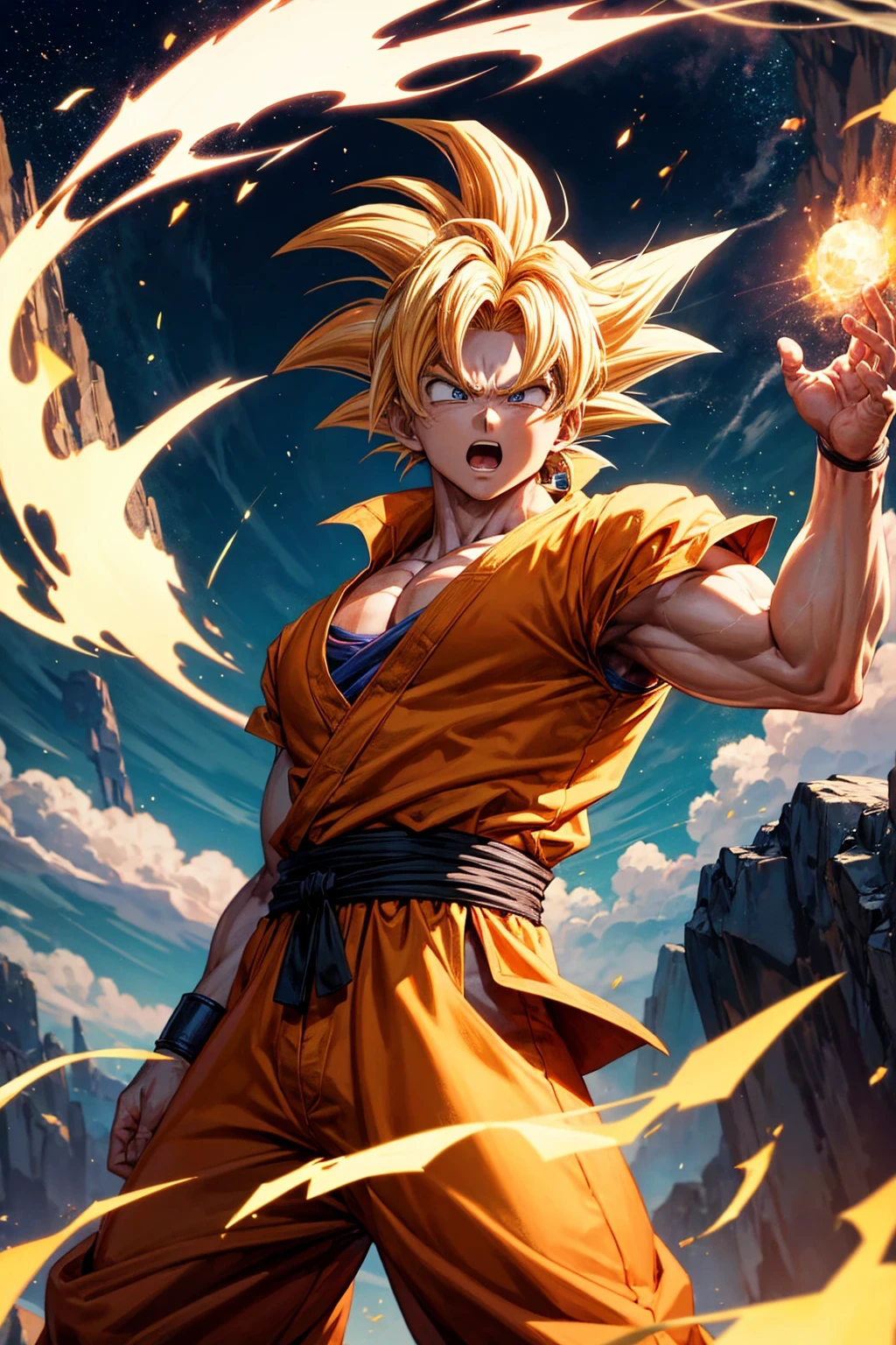 Create an image featuring Goku from Dragon Ball Z, transforming into a Super Saiyan. He should be standing in a powerful stance, with his golden hair spiking upward and an intense, focused expression on his face. Surround him with an aura of crackling energy and lightning, and the background should show a rocky landscape being affected by the immense power he’s unleashing, with rocks levitating and energy waves rippling outward.