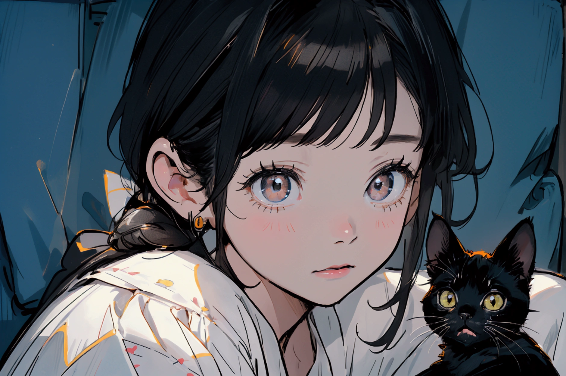 90s anime style,Two people,Cute little boy and girl 3 years old,The boy's round face,big eyes,Short black hair,Cute expression,There is a cute white and black kitten next to it,The girl wore a white dress,long hair,Bangs,There are big bows on the clothes,There is a little black cat next to him,一起拿着cell phone玩游戏,cell phone,sofa,Living room scene,sweet,Lovely modeling、Clarity、16K,Close-up details,Close-up of face,