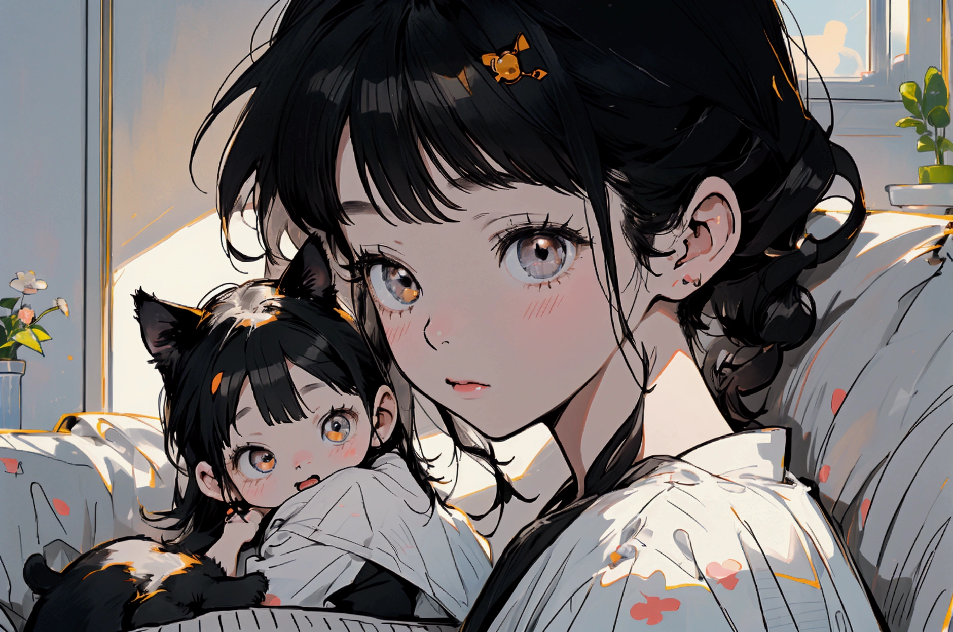 90s anime style,Two people,Cute little boy and girl 3 years old,The boy's round face,big eyes,Short black hair,Cute expression,There is a cute white and black kitten next to it,The girl wore a white dress,long hair,Bangs,There are big bows on the clothes,There is a little black cat next to him,一起拿着cell phone玩游戏,cell phone,sofa,Living room scene,sweet,Lovely modeling、Clarity、16K,Close-up details,Close-up of face,
