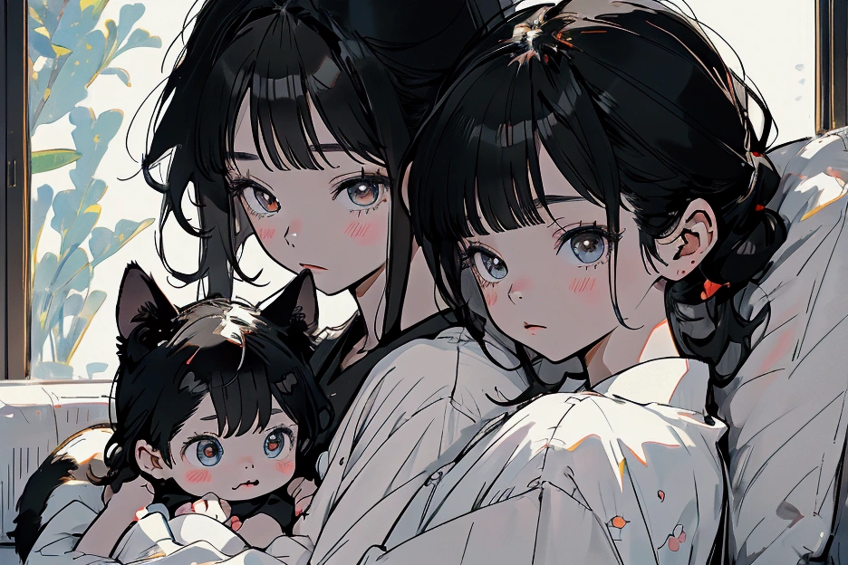90s anime style,Two people,Cute and girl 3 years ol round face,big eyes,Short black hair,Cute expression,There is a cute white and black kitten next to it,The girl wore a white dress,long hair,Bangs,There are big bows on the clothes,There is a little black cat next to him,一起拿着cell phone玩游戏,cell phone,sofa,Living room scene,sweet,Lovely modeling、Clarity、16K,Close-up details,Close-up of face,