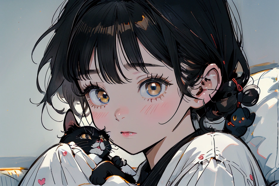 90s anime style,Two people，Cute little boy and girl 3 years old,The boy's round face,big eyes,Short black hair,Cute expression，There is a cute white and black kitten next to it,The girl wore a white dress，long hair，Bangs，There are big bows on the clothes,There is a little black cat next to him,一起拿着cell phone玩游戏,cell phone,sofa,Living room scene，sweet,Lovely modeling、Clarity、16K,Close-up details,Close-up of face,