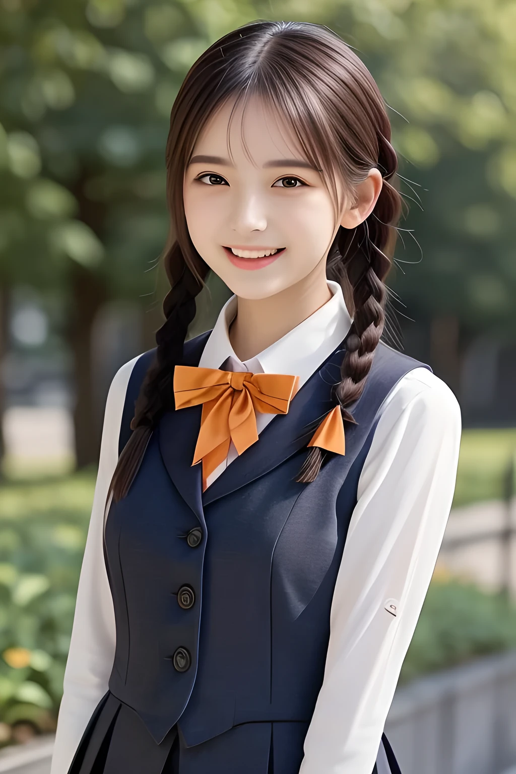 (highest quality, masterpiece, high resolution:1.2), 4K, (Photo quality detailed face: 1.2), (Giorgione painting style: 1.3), geometry, 14 yo beautiful girl, Laughing cutely, (neat girly white school blouse), (Dark red glossy school ribbon on the breast: 1.0), (Gray Japanese school girly vest Uniform: 1.2), (Beautiful light-amber-orange cute girly eyes with detailed cutely: 1.2), (Expressing the greatest joy with her whole body: 1.2), (Glossy lips: 1.0), (twin braids)