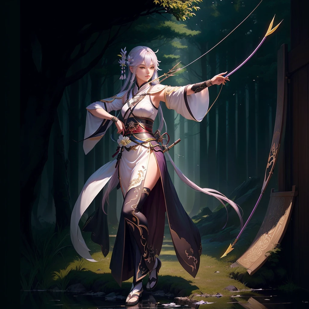 A woman holding a longbow、女子Shooting an arrow，Shooting an arrow，Bow and Arrow, Katana Zero Video Game Character, heise jinyao, Full body martial arts, Full body fairy, xianxia hero, Inspired by trees, Onmyoji detailed art, Inspired by cold plum, G Liulian art style,