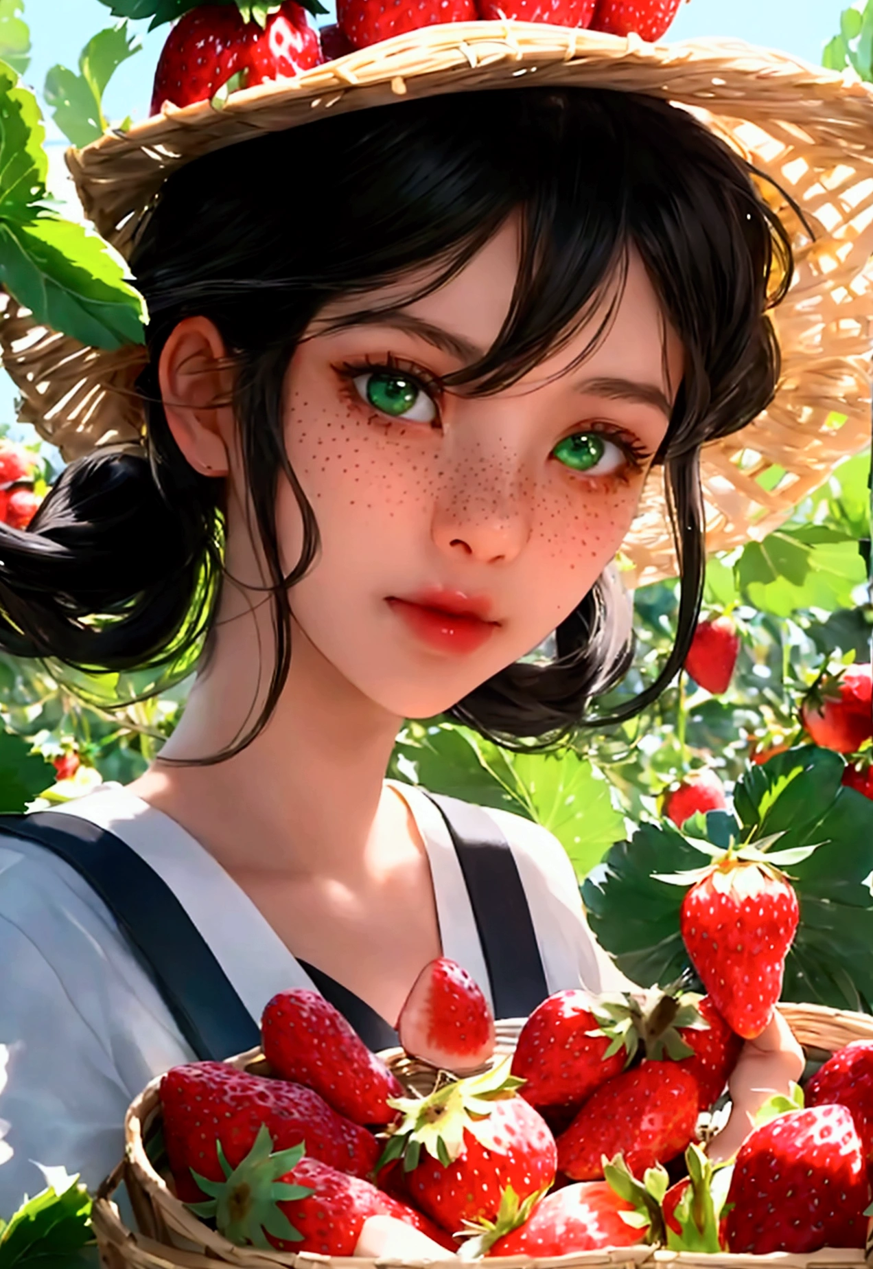 A cute girl, with jet black hair and green eyes_detailed details, clear and clean skin_few freckles, shiny, a girl dropping a delicious strawberry into a large fruit basket, tripping and dropping the strawberry on the ground, looking embarrassed. (full body shot) In a strawberry farm with warm sunlight, (magnificent and realistic), surreal, high resolution, best quality,