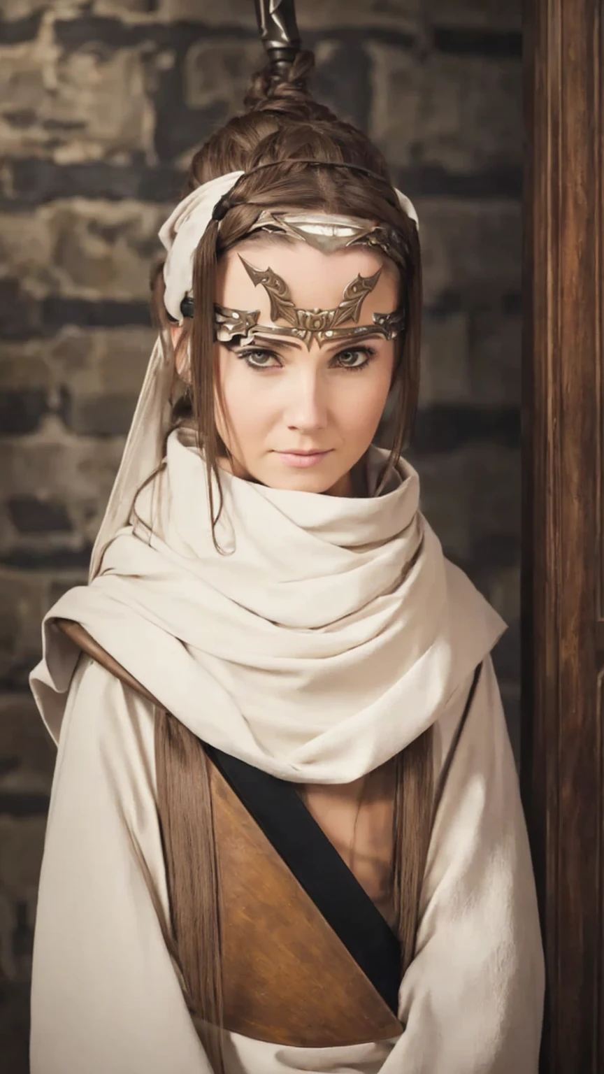 A woman with long hair, wearing a cowl and a headband on her forehead, standing in a small room, guarding and protecting the area, watching intently, with a sword on her back, detailed art work evil smile evil  face evil look