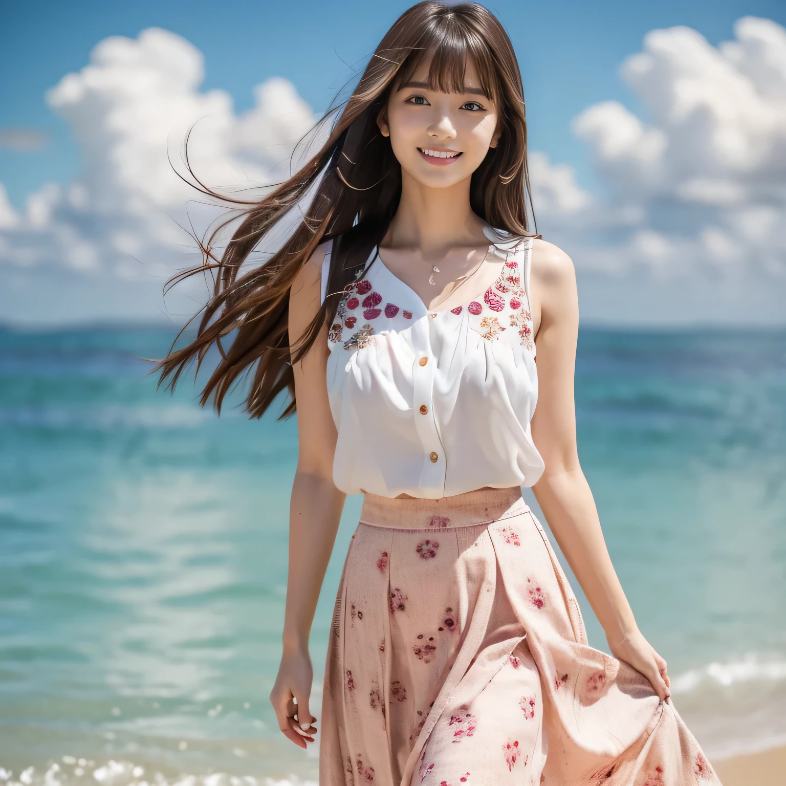 (Calm and gentle look:1.8), (Full Body Shot:1.3), (panorama:1.8), Cinema Lighting, ((Highest quality)), (RAW Photos, Highest quality), ( Realistic:1.4), realism, masterpiece, Very delicate and beautiful, Very detailed, 4K wallpaper, wonderful, finely, Very detailed CG unity 8k wallpaper, Very detailed, High resolution, Soft Light, Japanese, (one shot:1.9), (22 years old:1.6), (Round face:1.2), (Fat:0.8), (A neat and clean woman:1.5), Beautiful detailed woman,Famous Japanese actresses, Detailed face, finelyて美しい目, Very detailedな目と顔, Beautiful eyes and a beautifully detailed nose, Ultra HD glossy lips, (Straight Hair:1.4), Shiny Hair, Shiny Hair, Brown Hair, (bangs:1.4), Long, slender legs, Toned body, (Smiling:1.4), Natural Makeup, (LET IT PASS, white, Exquisitely Embellished Sleeveless Blouse:1.3), (LET IT PASS, floral pattern, Pale raspberry color, Long skirt, flare skirt:1.5), Accentuate your body lines, (Strolling along the beach:1.2), (Sandals:1.3), (Deep blue midsummer sky, cumulonimbus, The ocean with a wide horizon:1.3), (Her hair and skirt fluttering in the wind:1.5),