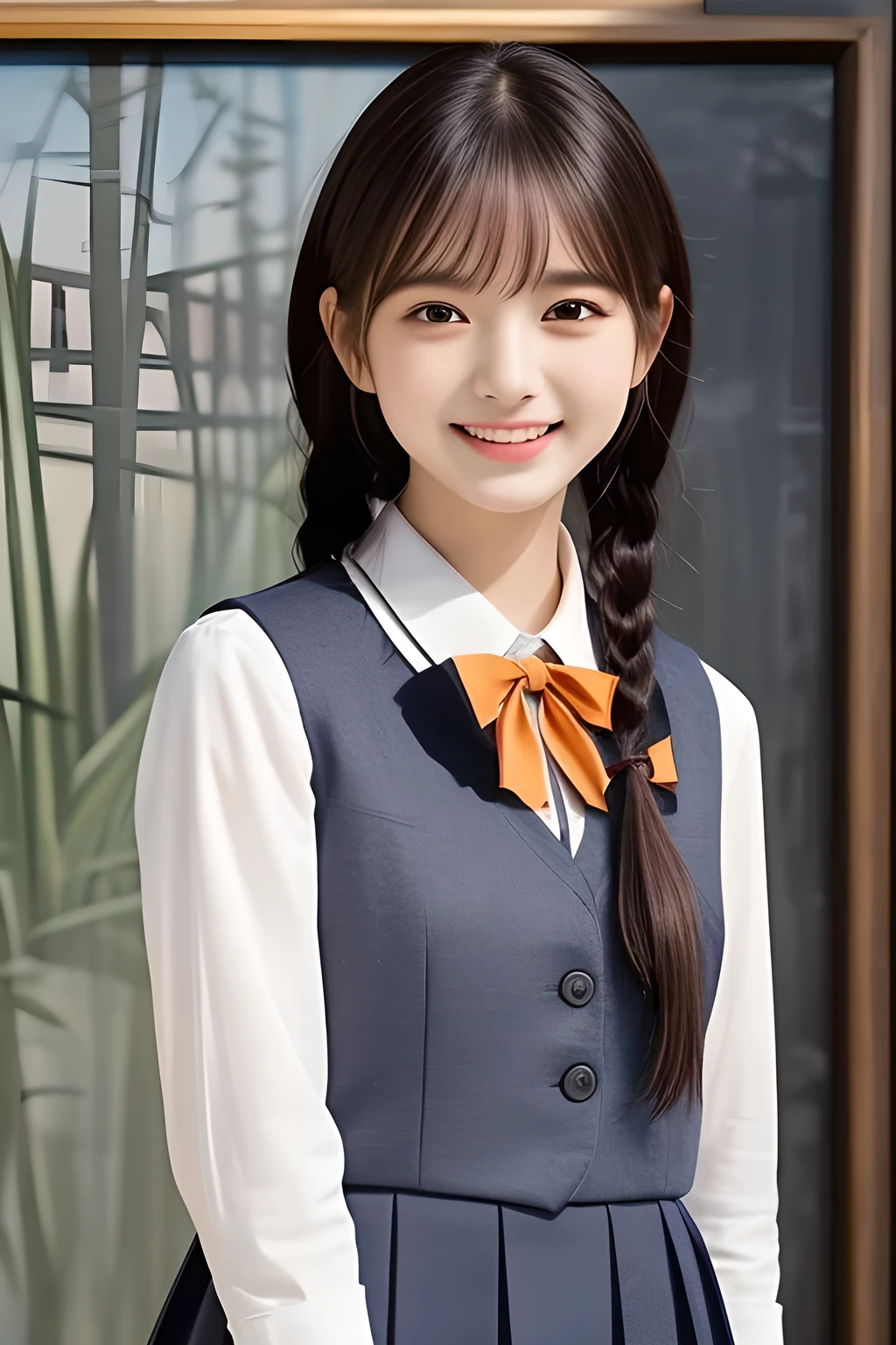 (highest quality, masterpiece, high resolution:1.2), 4K, (Photo quality detailed face: 1.2), (Giorgione painting style: 1.3), geometry, 14 yo beautiful girl, Laughing cutely, (neat girly white school blouse), (Dark red glossy school ribbon on the breast: 1.0), (Gray Japanese school girly vest Uniform: 1.2), (Beautiful light-amber-orange cute girly eyes with detailed cutely: 1.2), (Expressing the greatest joy with her whole body: 1.2), (Glossy lips: 1.0), (braids)
