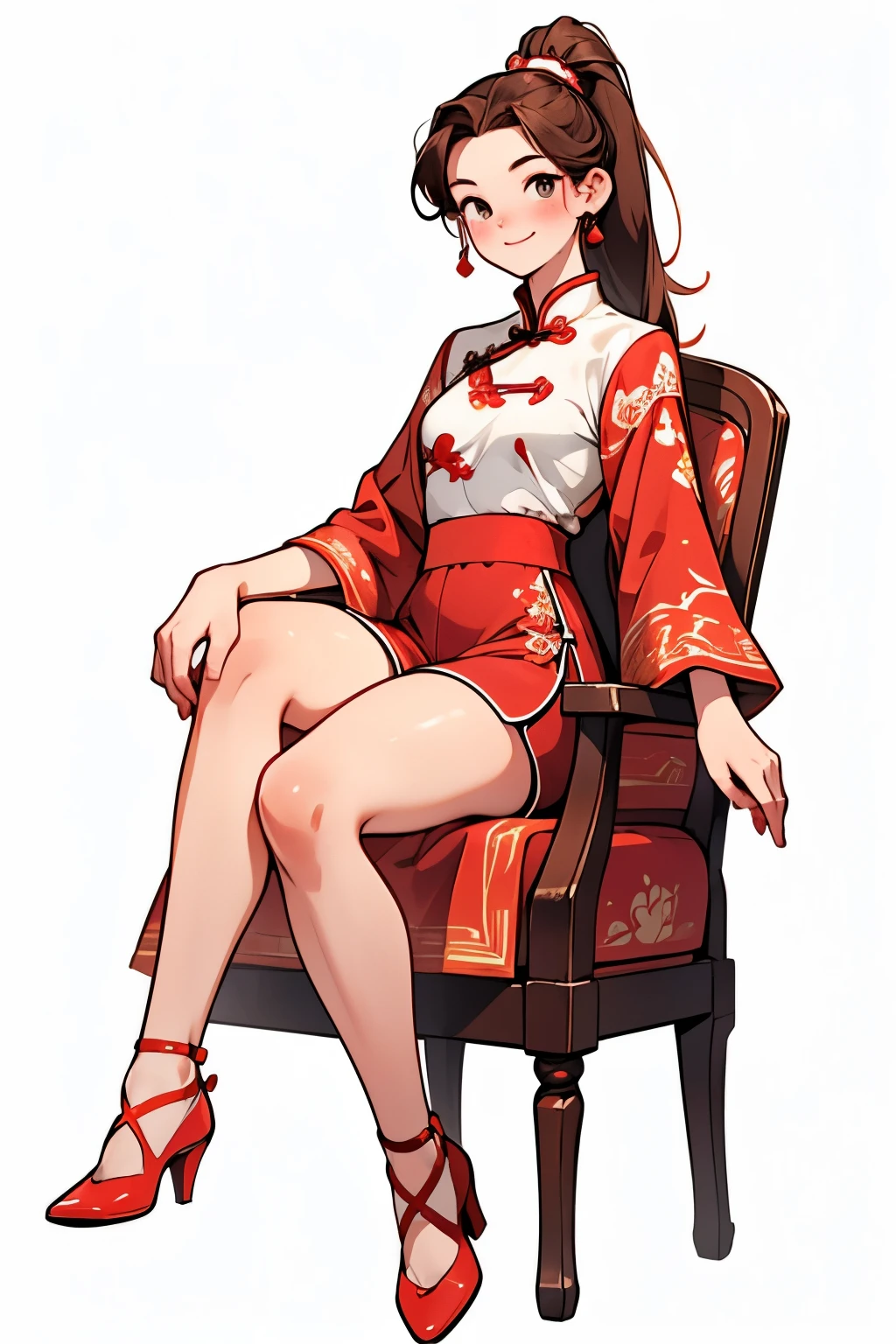 Reference table, Chinese skinny cheongsam，Red cheongsam，((Red shorts))，(Show your arms) ，Matching Clothing, ((best quality)), ((masterpiece)), (Full body),(A woman）,Long hair，High Ponytail，Lots of hair，(Sit all over the body,sit on the chair)Red embroidered shoes， Clear facial features，Smile，Clean lines design，Transparent Background， Clear facial features，beautiful眼睛，beautiful脸庞, beautiful, (((White background))) , ((No light))), Random Hairstyle, Brown hair, random eyes color