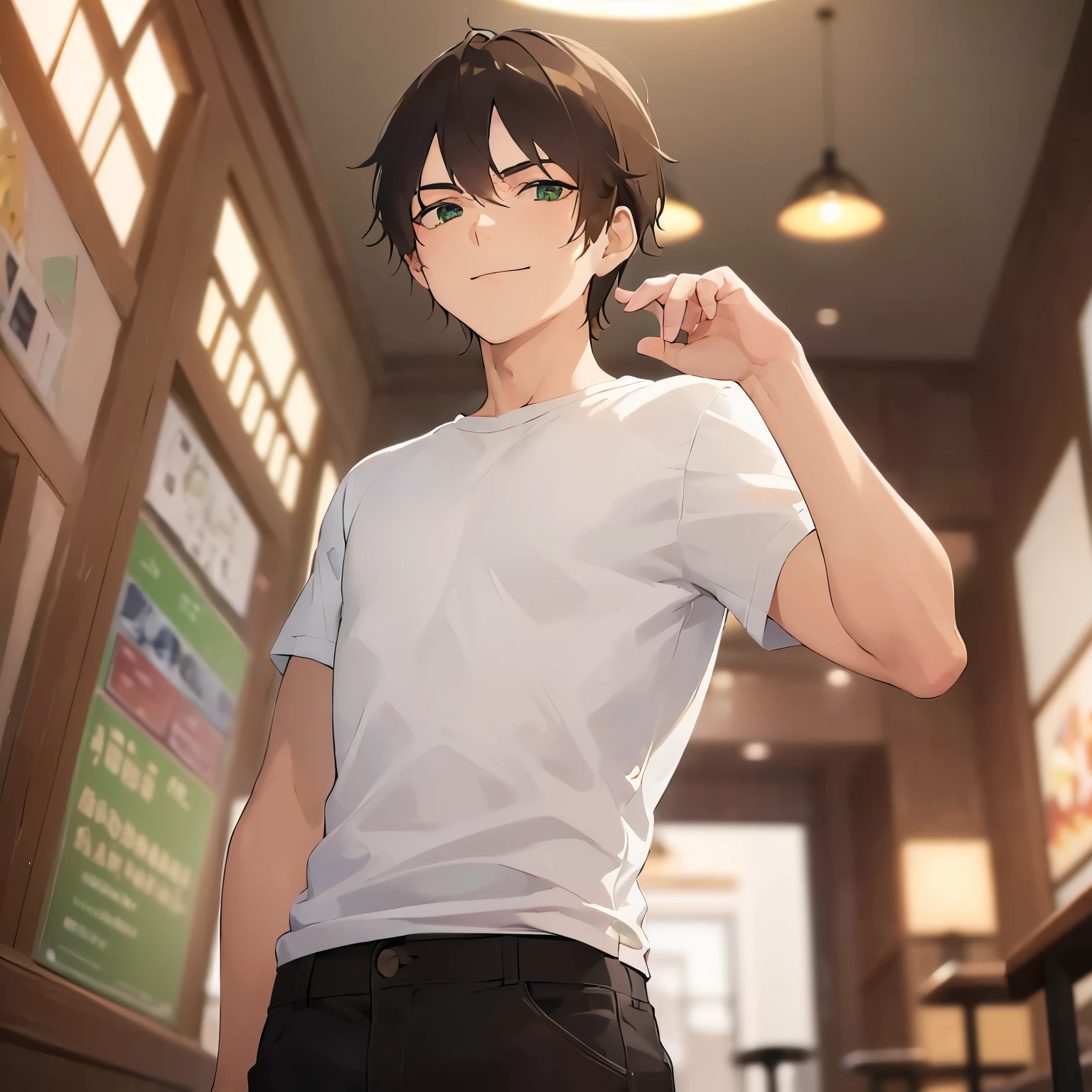 (outstretched arm:1.3)、shiny skin, masterpiece、Highest quality、(25-year-old male:1.5) and (Brown short hair) and (Green Eyes), BREAK (White T-shirt) BREAK、Are standing、smile、The background is the interior of a cafe、(Alone:1.5)、Upper body is shown、