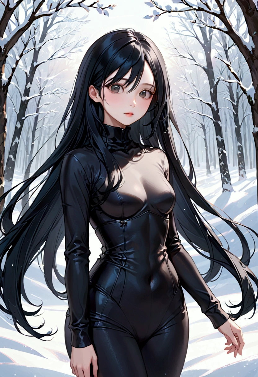 long black hair upto waist, black eyes, fair skin tone, aesthetic body, winter