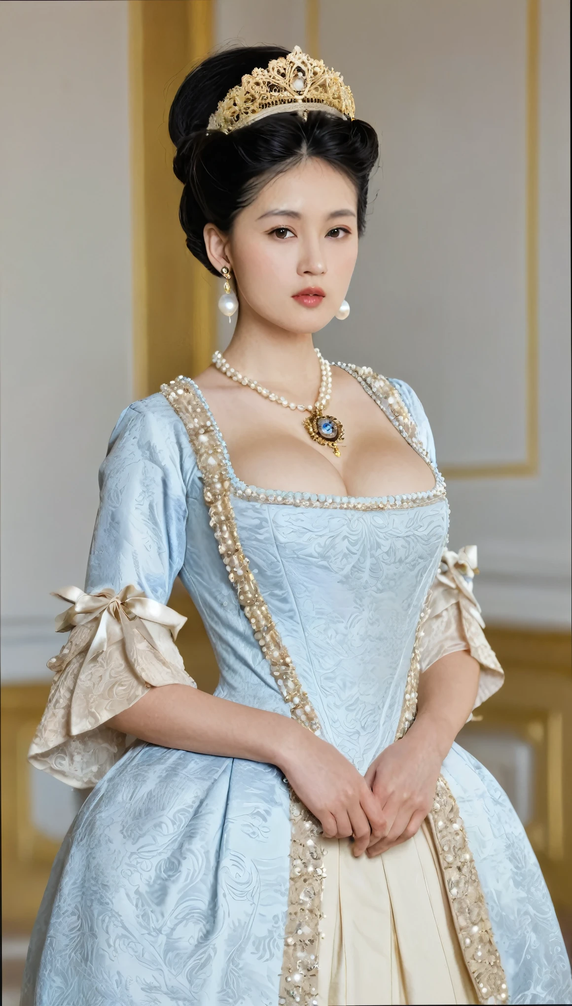 Front view , looking at viewer ,Full-body,  Empire of Austria -Hungary, Japanese girl ,  countess, 26 age old, (Black hair, middle hair , wince, brown eyes, beautiful lip, serious), (Pearl crescent earrings, Pearl and gold neckless, tiara with Dimond ), (big breasts, slender whist, wide hip) ,(Rococo 18the century dress), White base dress and skirt, (Blue Sinister:1.5), decoration medal on left belly , in Palace, in Austria, textured skin , HI detailed skin, (foreshortening, Canon, UHD, anatomically correct, super detail, high details, highness,