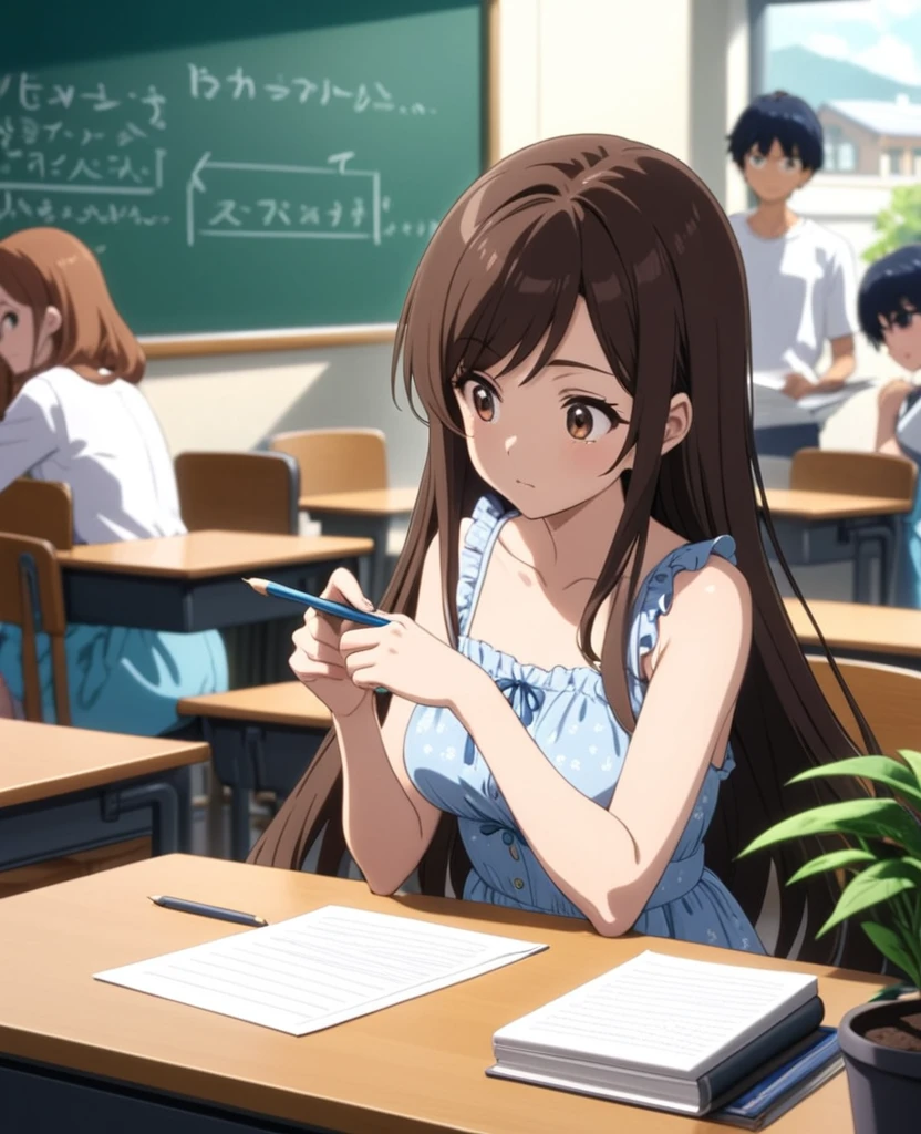 Best quality, masterpiece, head tilt, focused, looking at paper, swept bangs that curl at the end, long hair, very long hair, waist length hair, brown hair swept bangs and brown eyes, floral backless sundress, sneakers, anime, sitting on chair in front of desk, holding pencil, taking notes, books, chalkboard, sunrays, potted plants, people in background, 