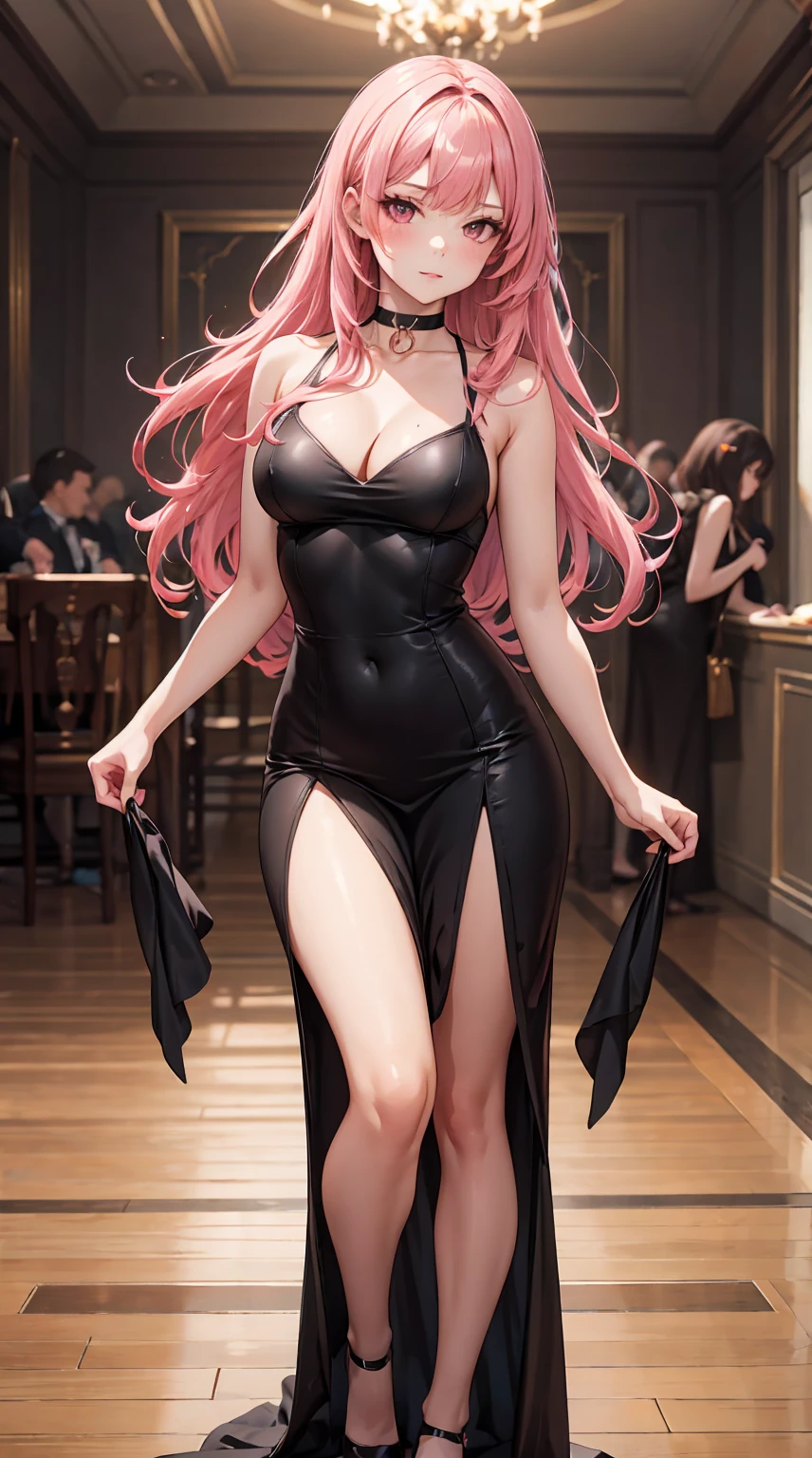 young woman, pink hair, long hair, choker necklace, ballroom, wide hips, tight black dress