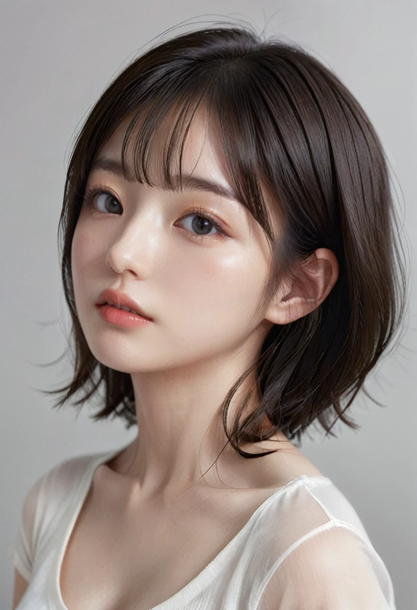 photorealistic, Photography ,BREAK, short hair woman, taking a (selfie:1.5) , (white T-shirts and denim pants), on the sofa in simple bedroom , white background, (short hair), BREAK, 8k , LAW , best-quality, masterpiece, hyper realistic detail shiny skin , natural shading , realistic shadow, BREAK (hyper realistic detail shiny skin, detailed skin, detailed hair, ultra sharpness, intricate details), perfect anatomy