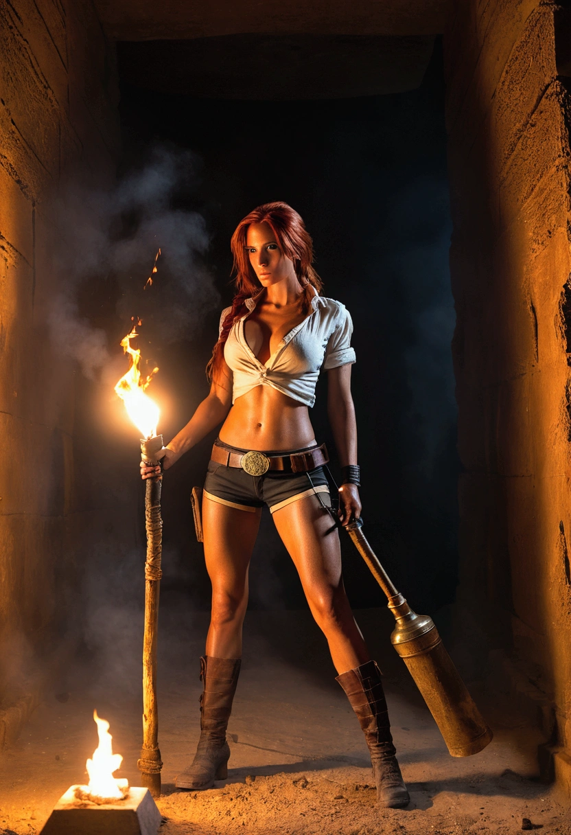 ultrarealistic, photography, long red hair, woman, 24 years old, hourglass figure, perfect body, Flirty look, natural medium breasts, blur background, Full body picture, Lara Croft costume with slightly shiny tanned skin dressed in a Lara Croft outfit, with a very ripped and torn blouse with a plunging neckline, pushed down over her right shoulder; stands in a dark room lit with flickering torches on the inside of a large Egyptian pyramid. Her skin and clothes are dirty with mud. A large dark menacing shadow moves in the background. She is holding a burning torch in her hand to light up the area. Sideview, side view, wide angle, wide shot, action shot
