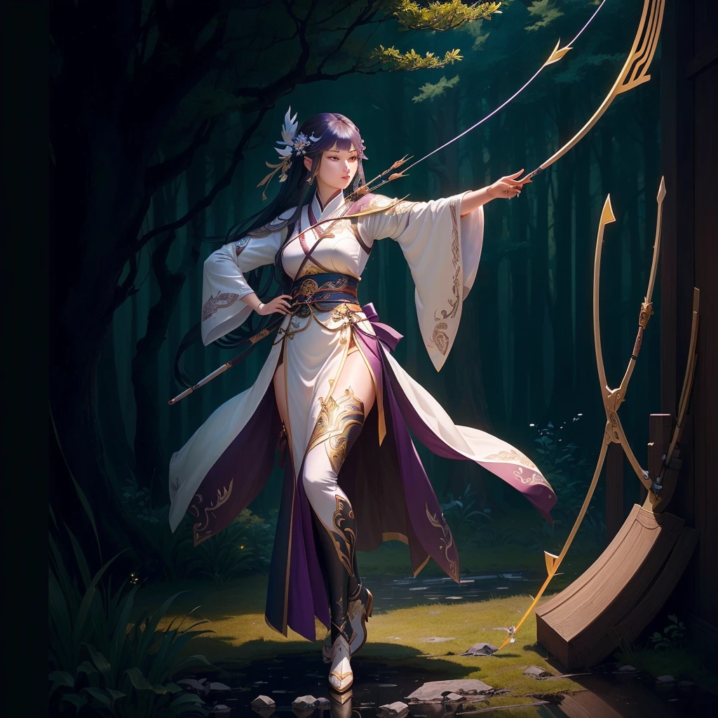 A woman holding a longbow、女子Shooting an arrow,Shooting an arrow,Bow and Arrow, 、Woman in robe shooting arrows, heise jinyao, Full body martial arts, Full body fairy, xianxia hero, Inspired by trees, Onmyoji detailed art, Inspired by cold plum, G Liulian art style,