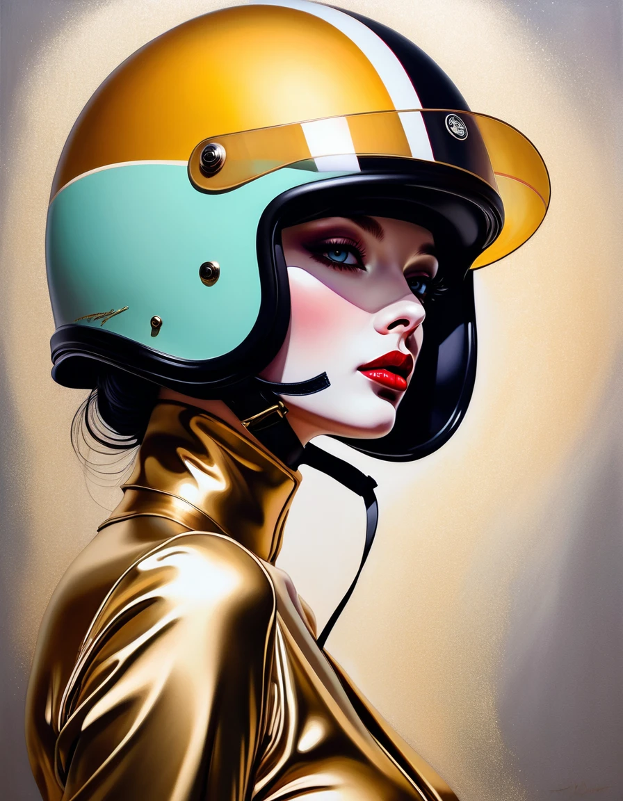 chiaroscuro technique on sensual illustration of an elegant woman, vintage ,silky eerie, matte painting, by Hannah Dale, by Harumi Hironaka, extremely soft colors, vibrant, pastel, highly detailed, digital artwork, high contrast, dramatic, refined, tonal, golden ratio wearing in her head a enduro helmet with gloss effect