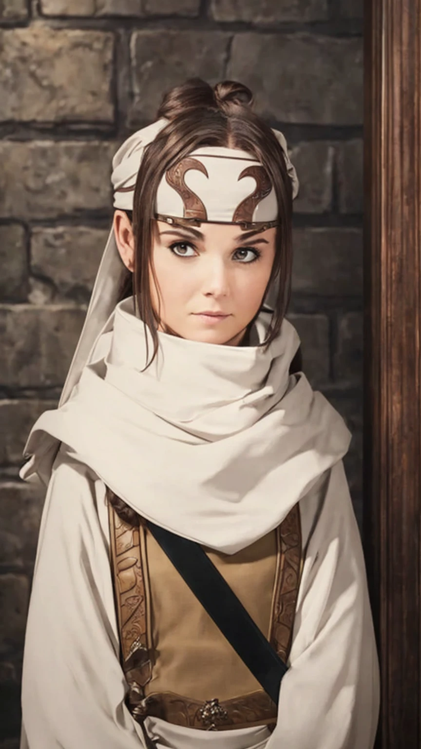 A woman with l wearing a cowl and a headband on her forehead, standing in a small room, guarding and protecting the area, watching intently, with a sword on her back, detailed art work evil smile evil  face evil look