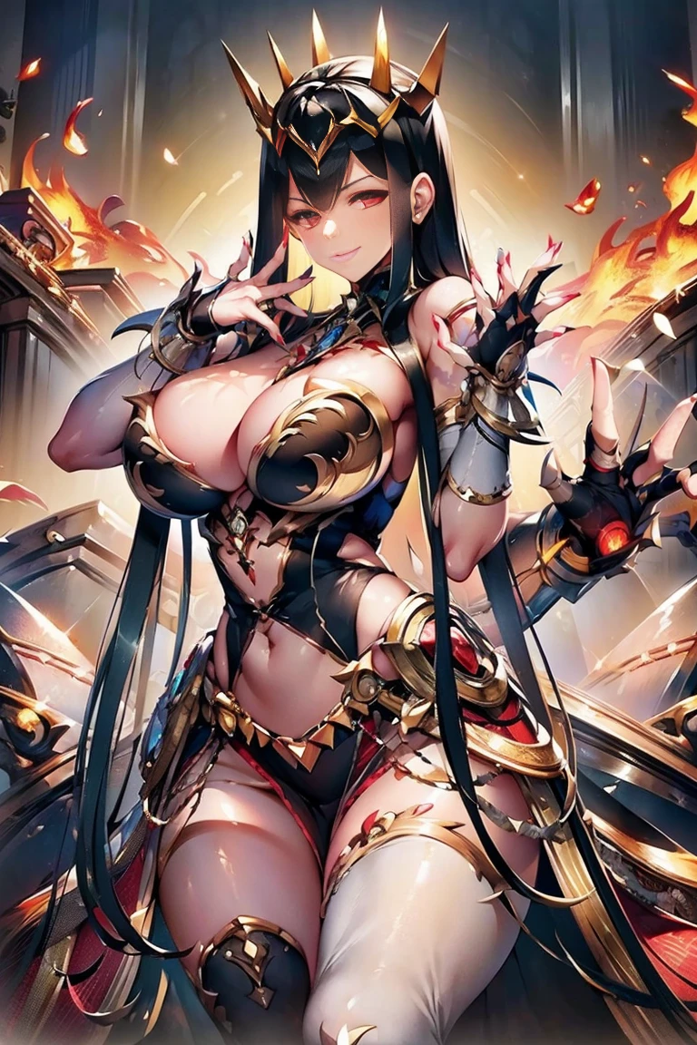 black hair, bare shoulder, red eyes, very long hair, cleavage, large breasts, dress, showgirl skirt, high-leg, cleavage cutout, tiara, bare thighs, gauntlets, bare shoulder, (((extremely detailed hands and fingers, ultra detailed hands and fingers, super detailed hands and fingers, perfect female hands and fingers, biologically accurate hands and fingers, 5 fingers accurate hands and fingers, beautiful hands and fingers, hands and fingers drawing, human hand and fingers, perfect arrangement of fingers))), adult face, fearless face, both arms, two arms, both hands, two hands, super fine illustration, masterpiece, masterwork, by famous artist, official art, ultra high res, best quality, high quality,