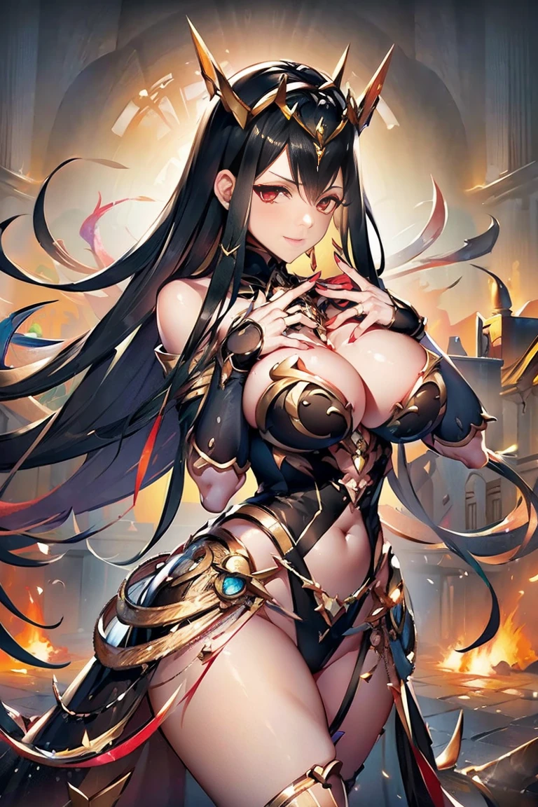 black hair, bare shoulder, red eyes, very long hair, cleavage, large breasts, dress, showgirl skirt, high-leg, cleavage cutout, tiara, bare thighs, gauntlets, bare shoulder, (((extremely detailed hands and fingers, ultra detailed hands and fingers, super detailed hands and fingers, perfect female hands and fingers, biologically accurate hands and fingers, 5 fingers accurate hands and fingers, beautiful hands and fingers, hands and fingers drawing, human hand and fingers, perfect arrangement of fingers))), adult face, fearless face, both arms, two arms, both hands, two hands, super fine illustration, masterpiece, masterwork, by famous artist, official art, ultra high res, best quality, high quality,