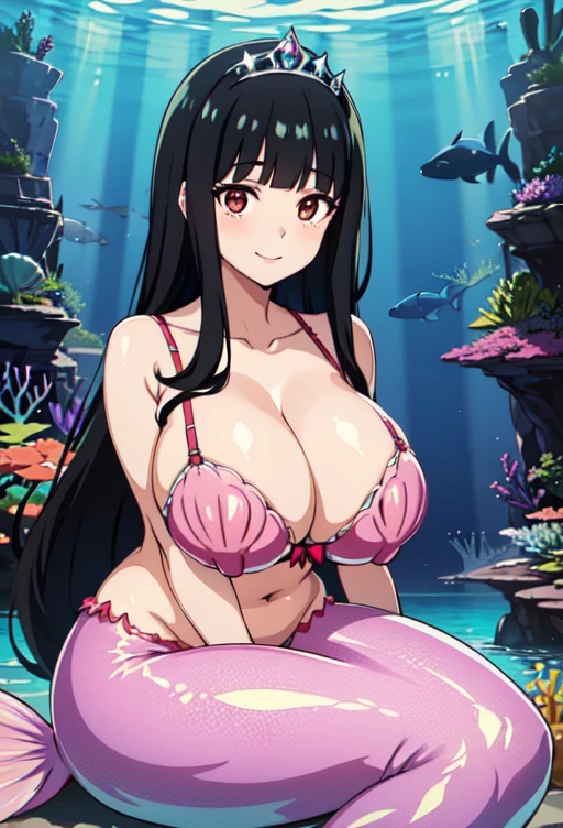 4k,hight resolution,1girl,smile,((black hair, super long hair, shiny hair, blunt bangs, hime cut)), mermaid,(huge breasts:1.1), Showing her breasts, breasts out, ((Sea shell bra)),Princess Tiara,Pearl decoration,jewel decorations,Undersea background,under the water, fish tail, Camel toe, breasts focus,