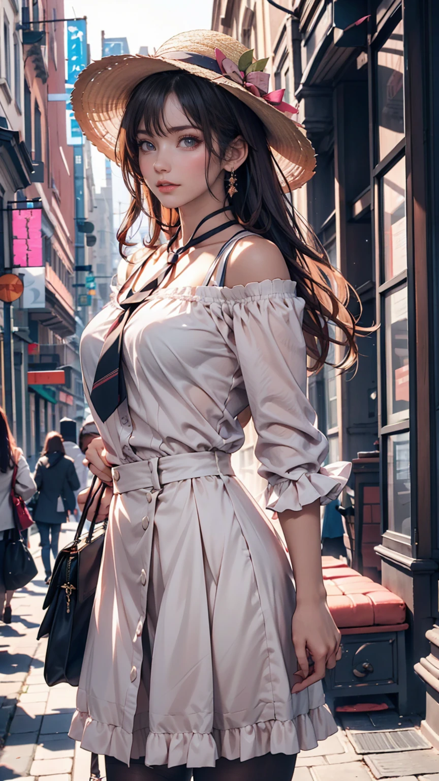 Highest quality, Detailed Background, girl, ,EUR_street,High-neck blouse with frills（Light pink)、High Waist Skirt（long)、pumps、Handbag shoulder bag、Ribbon decorated straw hat（Wide eaves)、Tie the scarf around your neck、Upstyle your hair